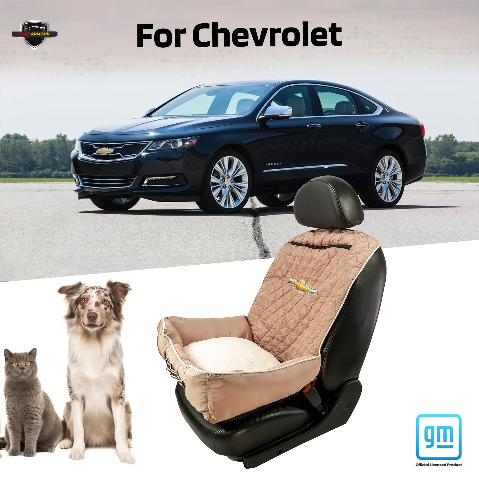 Seat Armour Chevrolet PetBed2GO Dog Car Seat Cover – 2-in-1 Pet Bed & Car Seat Protector – Waterproof, Non-Slip, Full Protection for Pets – 26x20x6 inches, 3.5 lbs, Tan – Perfect for Travel, Road Trips & Daily Commutes with Your Dog