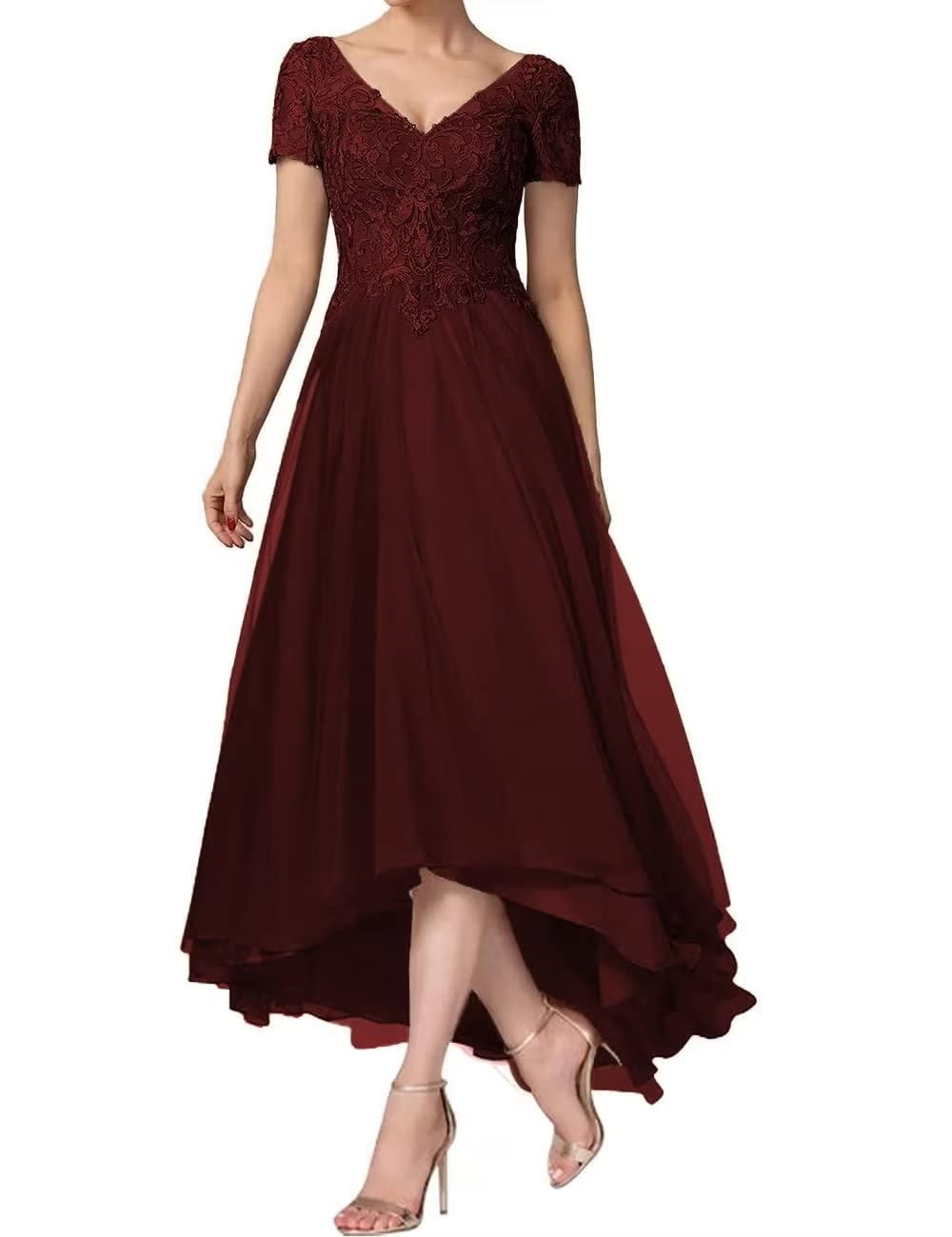 Elegant Lace Appliques Mother of The Bride Dress with Sleeves - High Low Chiffon Wedding Formal Evening Gown for Weddings, Receptions & Special Occasions