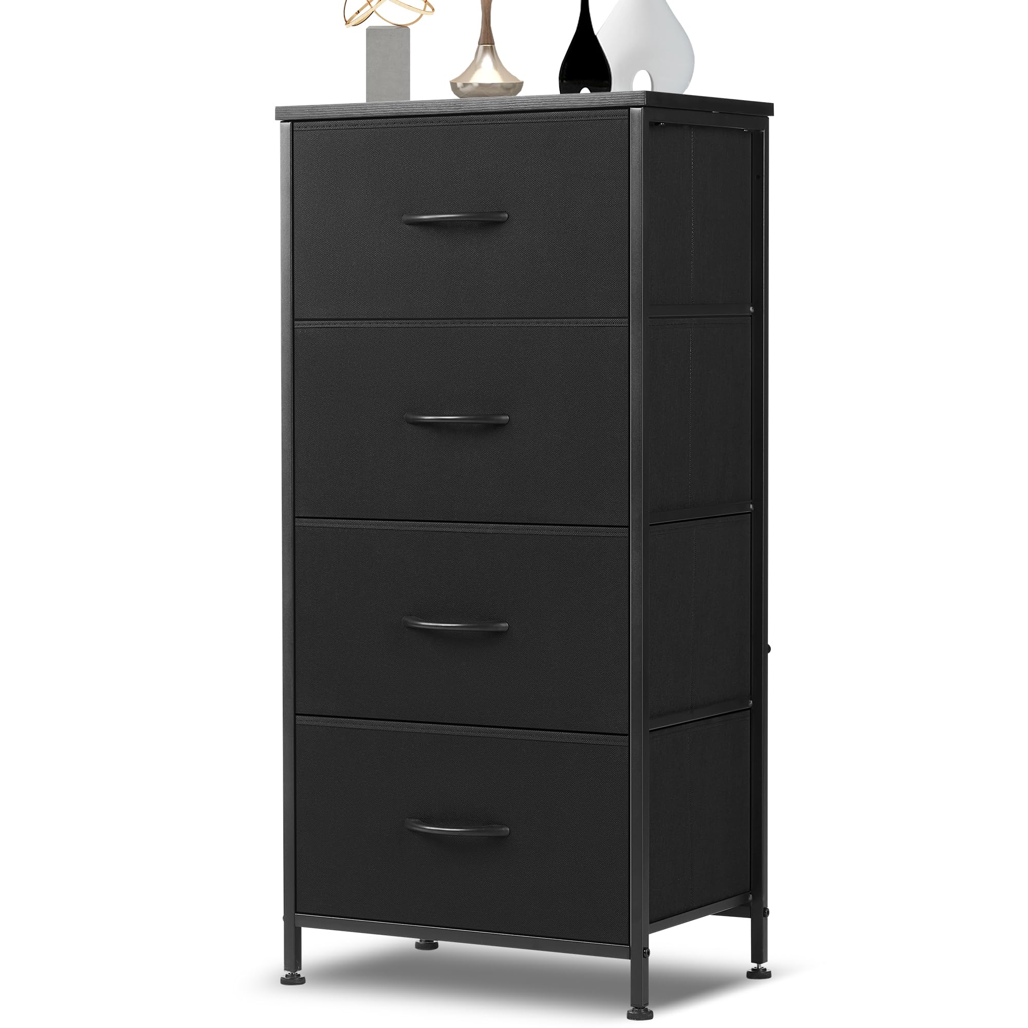DUMOS 4-Drawer Dresser for Bedroom - Tall Fabric Storage Organizer with Wooden Top & Metal Frame - Perfect for Clothes, Kids Room, Living Room, Hallway & Entryway - Black (Great for Small Space Organization & Home Decor)