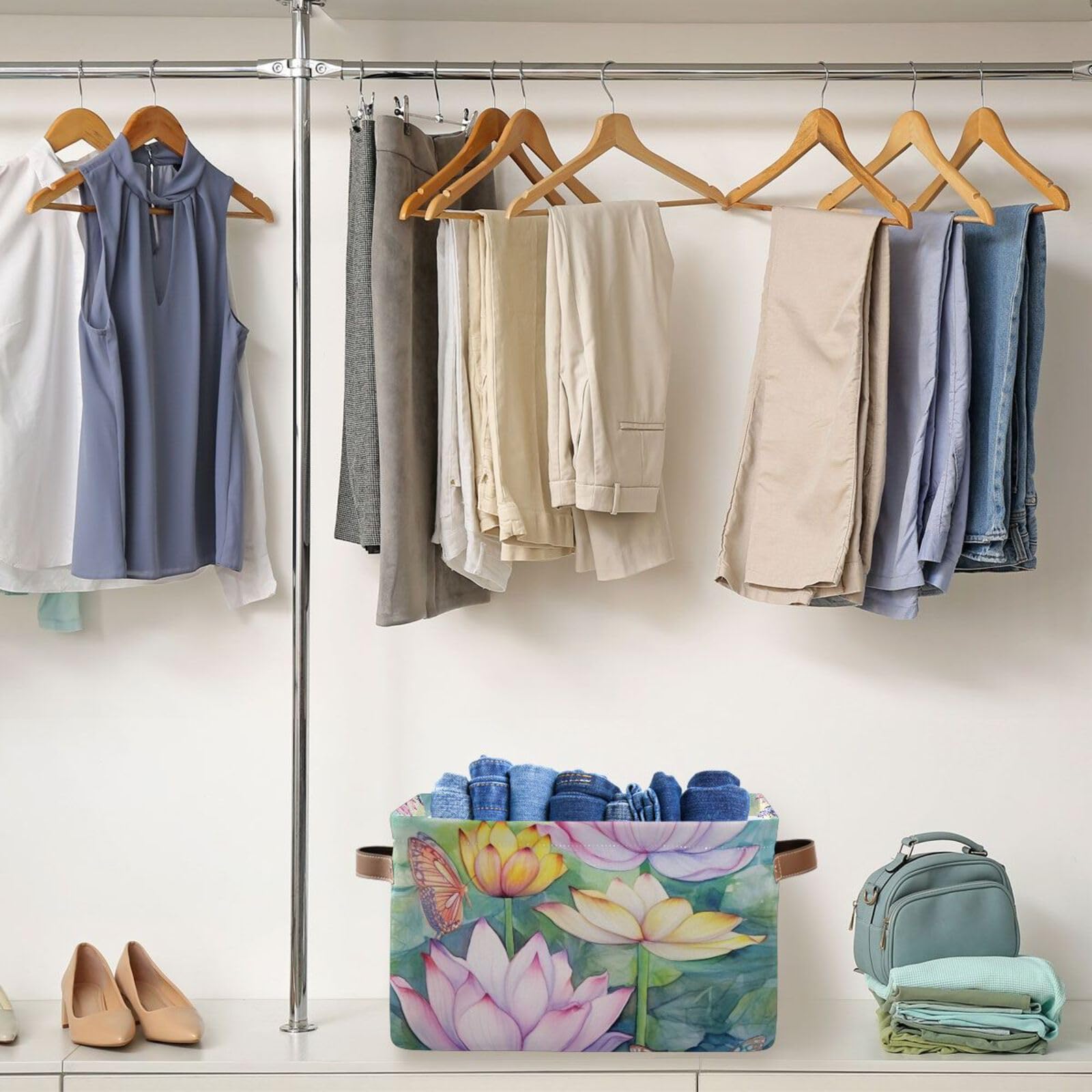 Lotus Painting Foldable Fabric Storage Baskets - 2 Pack Rectangle Canvas Organizer with Handles for Clothes, Home & Office Organization | Perfect for Closet Shelves, Bedroom Decor & Laundry Room Storage