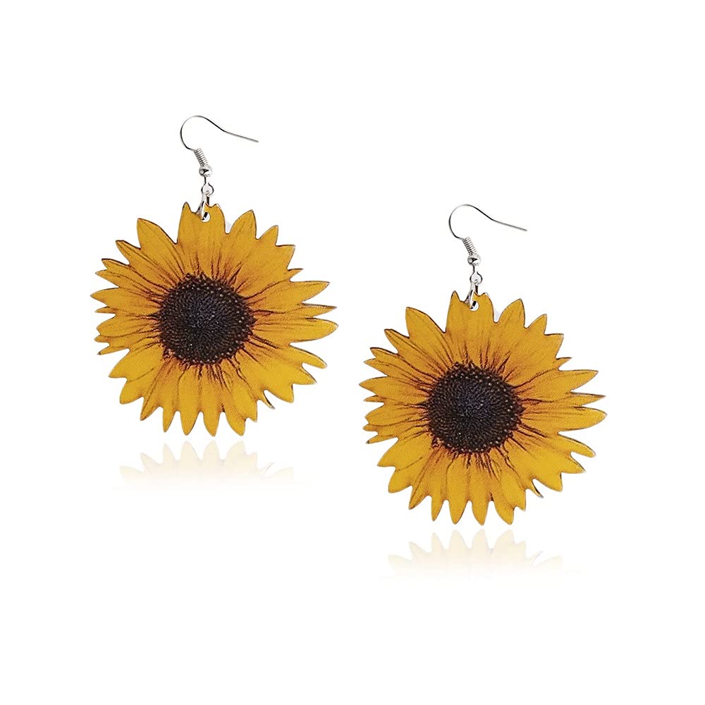 2.2 Inch Wood Double Sided Sunflower Dangle Earrings - Bohemian Daisy Yellow Flower Jewelry for Women & Girls | You Are My Sunshine Gift | Perfect for Summer Festivals, Beach Vacations & Boho Fashion