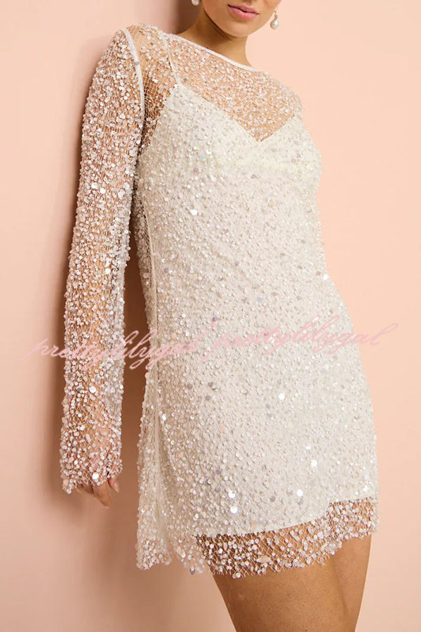 Sparkle and Shine Sequins & Pearls Mini Party Dress with Detachable Slip - Perfect for Cocktail Parties, Prom, and Evening Events