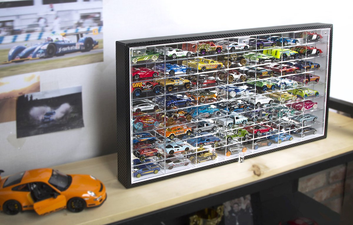 Hot Wheels 1/64 Scale Diecast Display Case - Wall Mount Storage Cabinet for 56 Cars (Black, 24.61 x 13.78 x 2.05 Inches) - Perfect for Collectors, Showroom Display & Home Decor