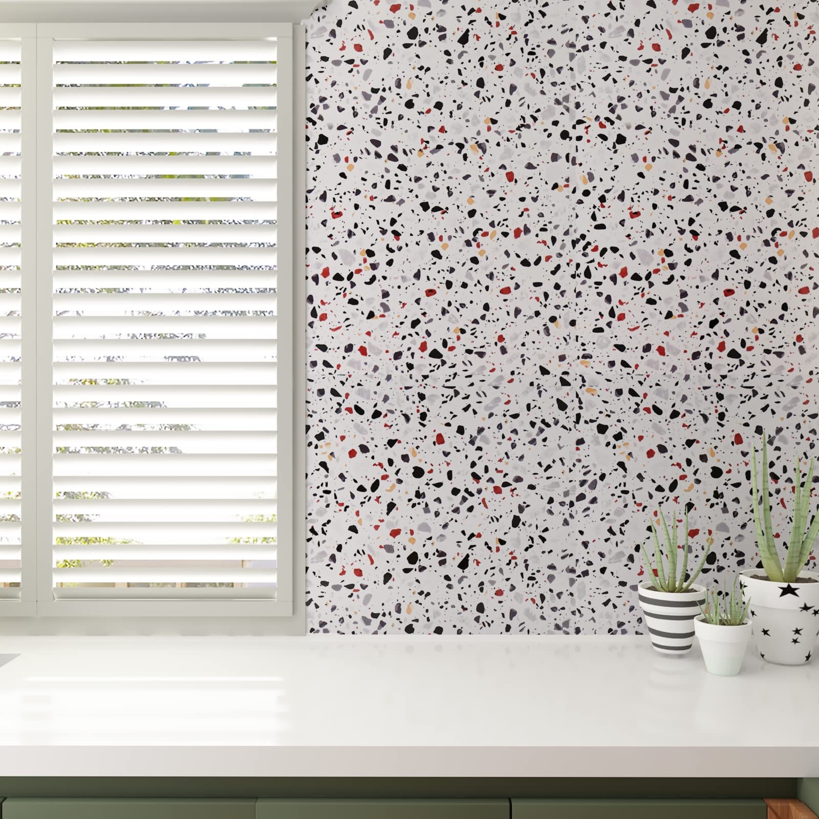 VEELIKE 15.7''x118'' Glossy Terrazzo Contact Paper - Waterproof Self-Adhesive Marble Countertop Cover | Peel and Stick Vinyl Wallpaper for Kitchen Countertops, Bathroom Walls, Shelves & Drawer Liners | Easy DIY Home Decor Upgrade