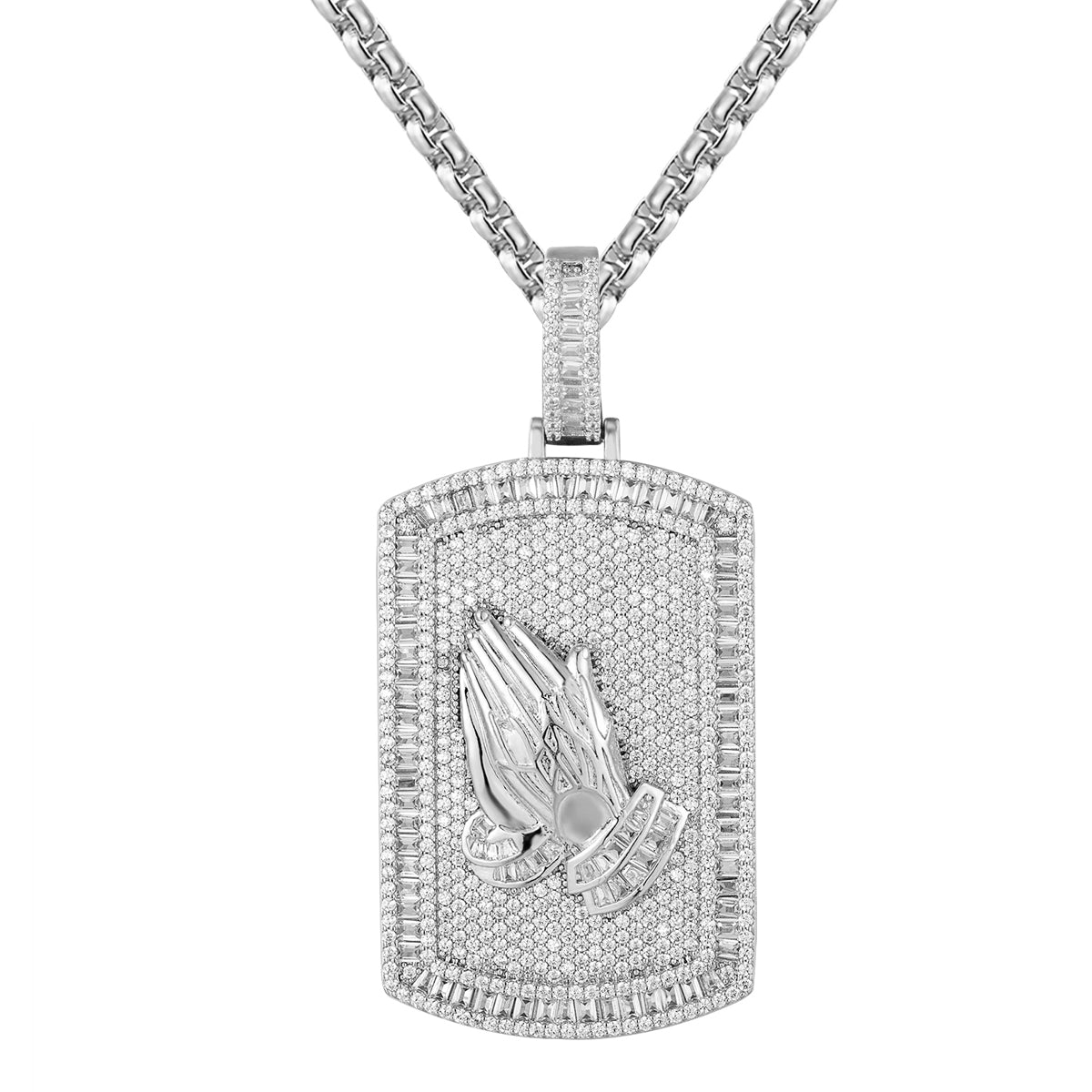 Praying Hands Dog Tag Pendant - Baguette Cut Sterling Silver Hip Hop Chain Necklace for Men - Perfect for Streetwear, Rap Culture & Urban Fashion