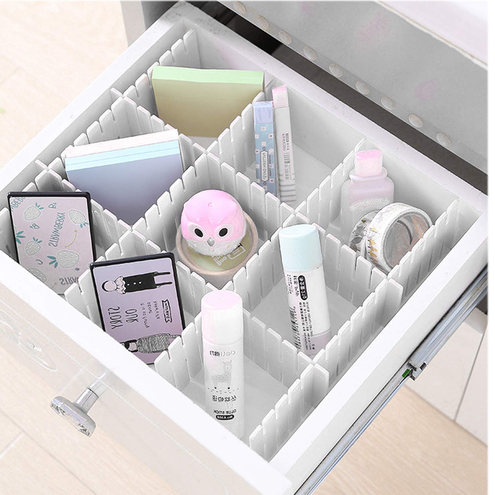 8-Piece Adjustable Drawer Divider Organizers Set - DIY Plastic Grid Storage Bins for Clothes, Kitchen & Office - White | Perfect for Closet Organization, Kitchen Utensil Sorting & Desk Drawer Arrangement