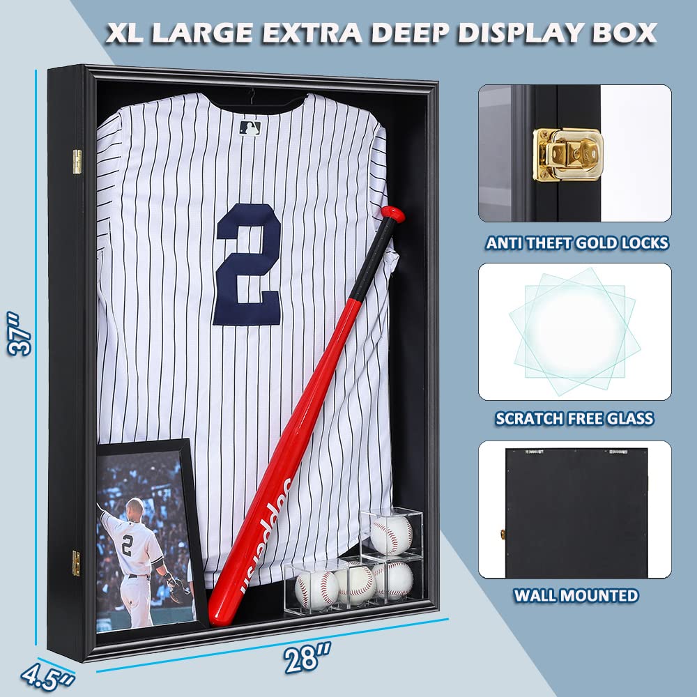 Large Jersey Display Frame Case with UV Protection - Lockable Shadow Box, Acrylic Hanger & Wall Mount for Baseball, Basketball, Football, Soccer, Hockey Jerseys - Perfect for Sports Memorabilia, Fan Cave Decor, and Man Cave Wall Display