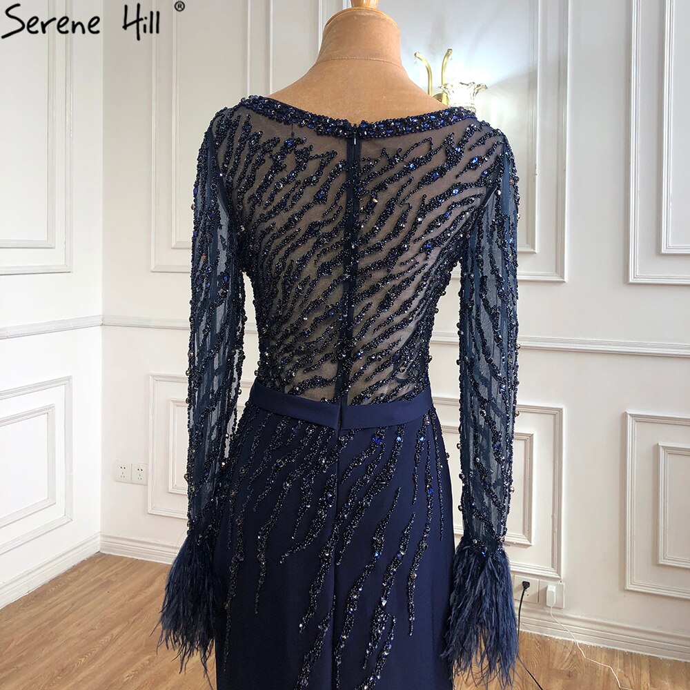 Luxury Navy Blue Muslim Evening Dresses for Women - Elegant Mermaid Gown with Beading & Feathers for Party, Wedding, Prom - Serene Hill Collection LA70978