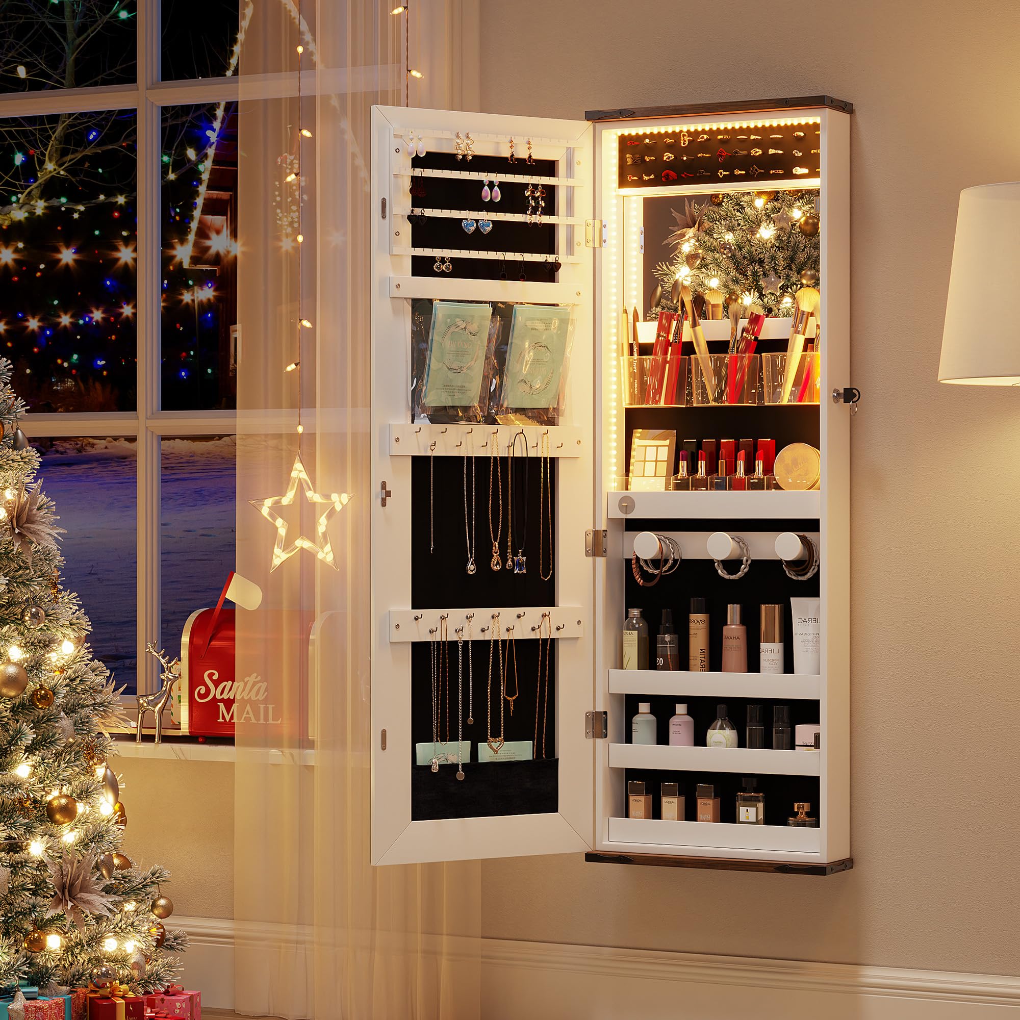 Farmhouse Jewelry Organizer with LED Lights - Wall or Door Mounted Jewelry Armoire Cabinet with Full Length Mirror, Storage & Lockable Interior - White - Perfect for Bedroom, Closet, and Dressing Room Organization