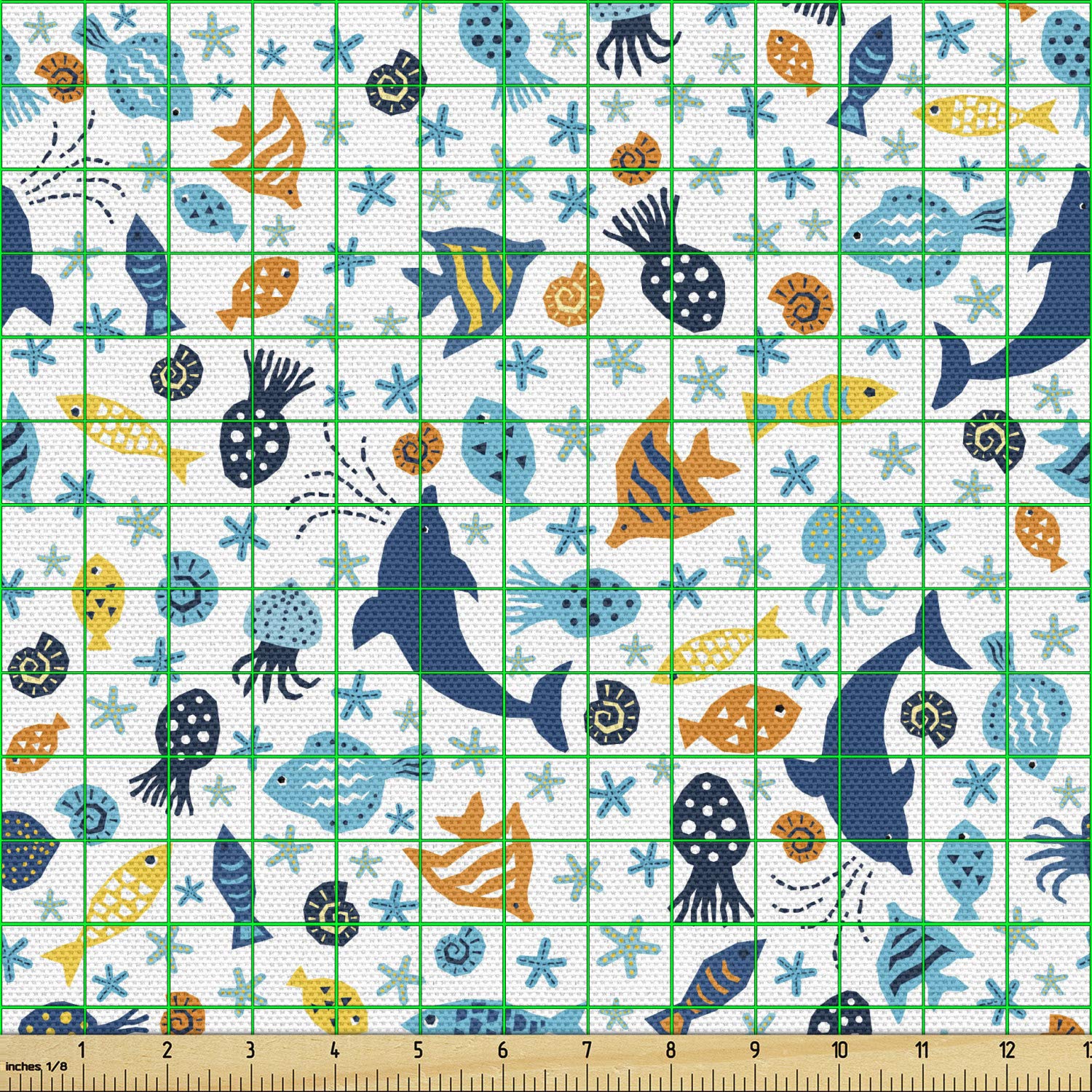 Ambesonne Dolphin Starfish Jellyfish Ocean Themed Upholstery Fabric - 1 Yard Dark Sky Blue Marigold Decorative Cotton Material for Sofa, Curtains & Home Decor | Perfect for Coastal Living Rooms, Beach House Bedrooms & Nautical Nursery Designs