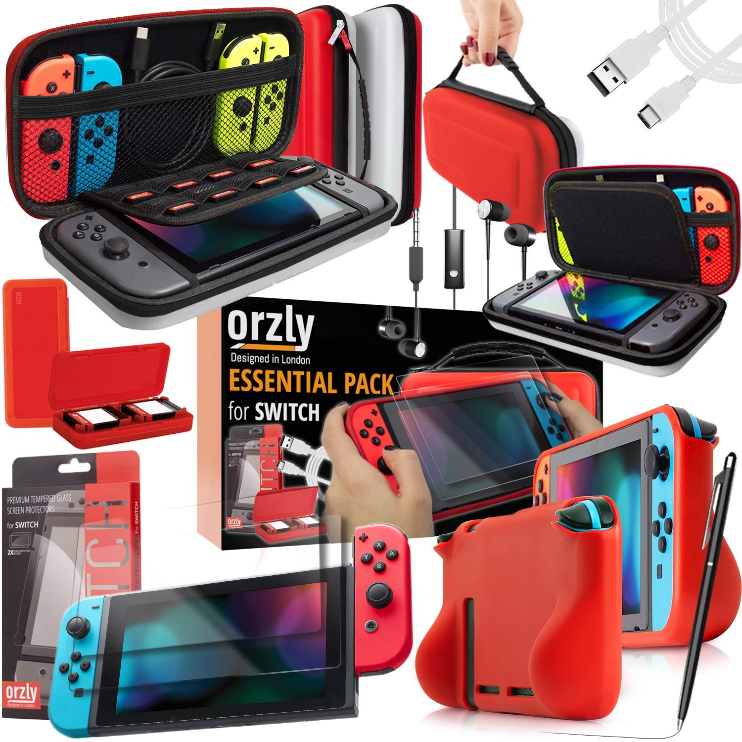 Orzly Nintendo Switch Accessory Bundle - Hard Travel Case, Tempered Glass Screen Protectors, USB-C Cable, Comfort Grip, Earbuds & Stylus (Red/Black/White) - Perfect for Switch Gaming Protection & On-the-Go Play