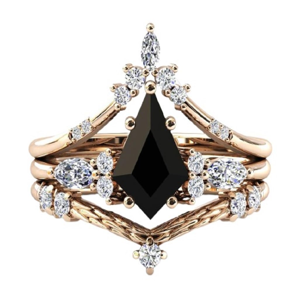 Vintage Black Onyx Engagement Ring Set - 1.5 CT Kite Shaped Art Deco Wedding Band for Women - Anniversary & Promise Ring Set - Perfect for Vintage Lovers, Bridal Jewelry & Special Occasions