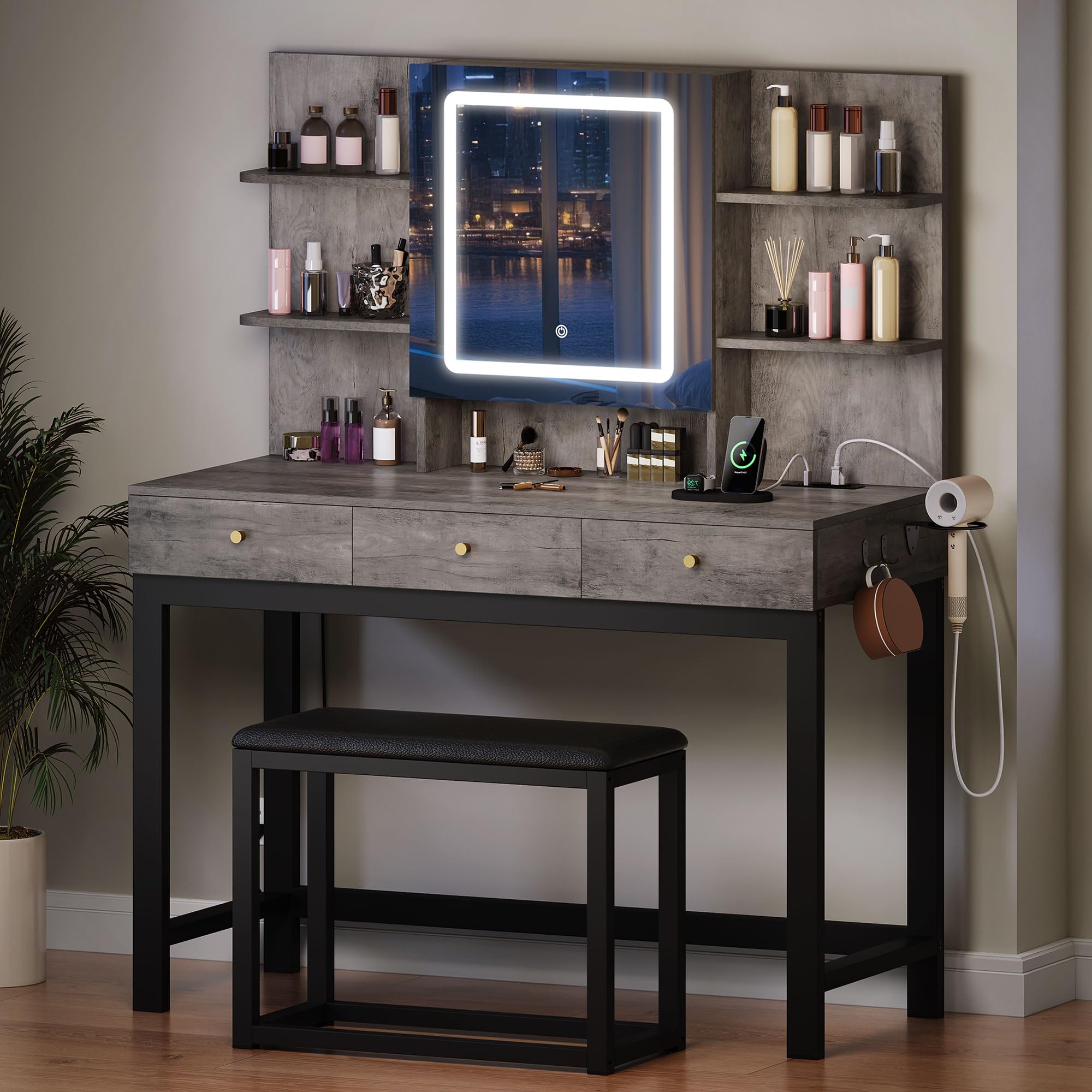 DWVO Vanity Desk with LED Lights Mirror & Power Outlet - Adjustable 3 Lighting Modes, Dressing Table Set with Chair & Hidden Storage - Makeup Vanity Desk with Stool, 3 Drawers for Bedroom, Home Office, Salon (Upgraded Grey)