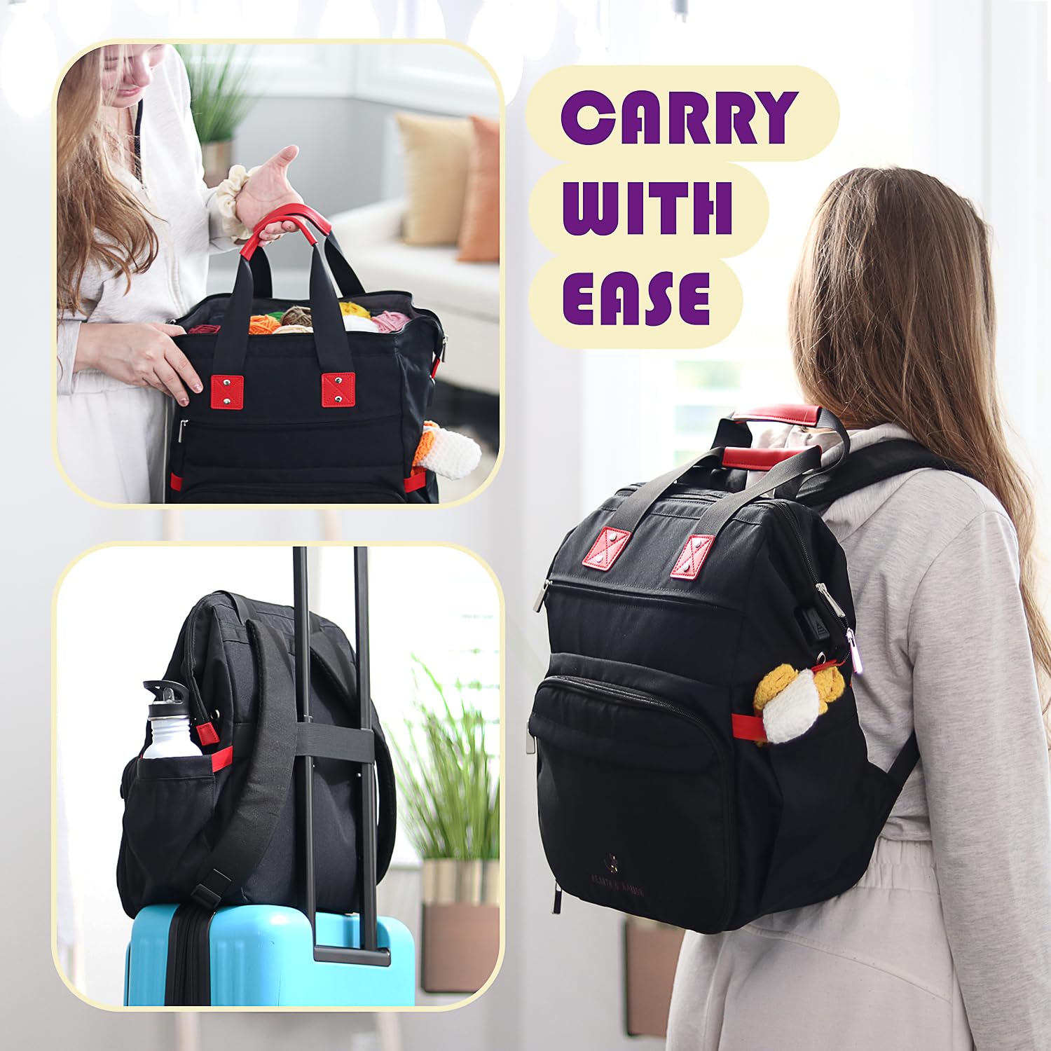 Hearth & Harbor Crochet Backpack - Canvas Knitting Bag & Yarn Organizer with USB Charging Port | Perfect for Crochet Supplies Storage, Travel Knitting Projects & On-the-Go Crafting