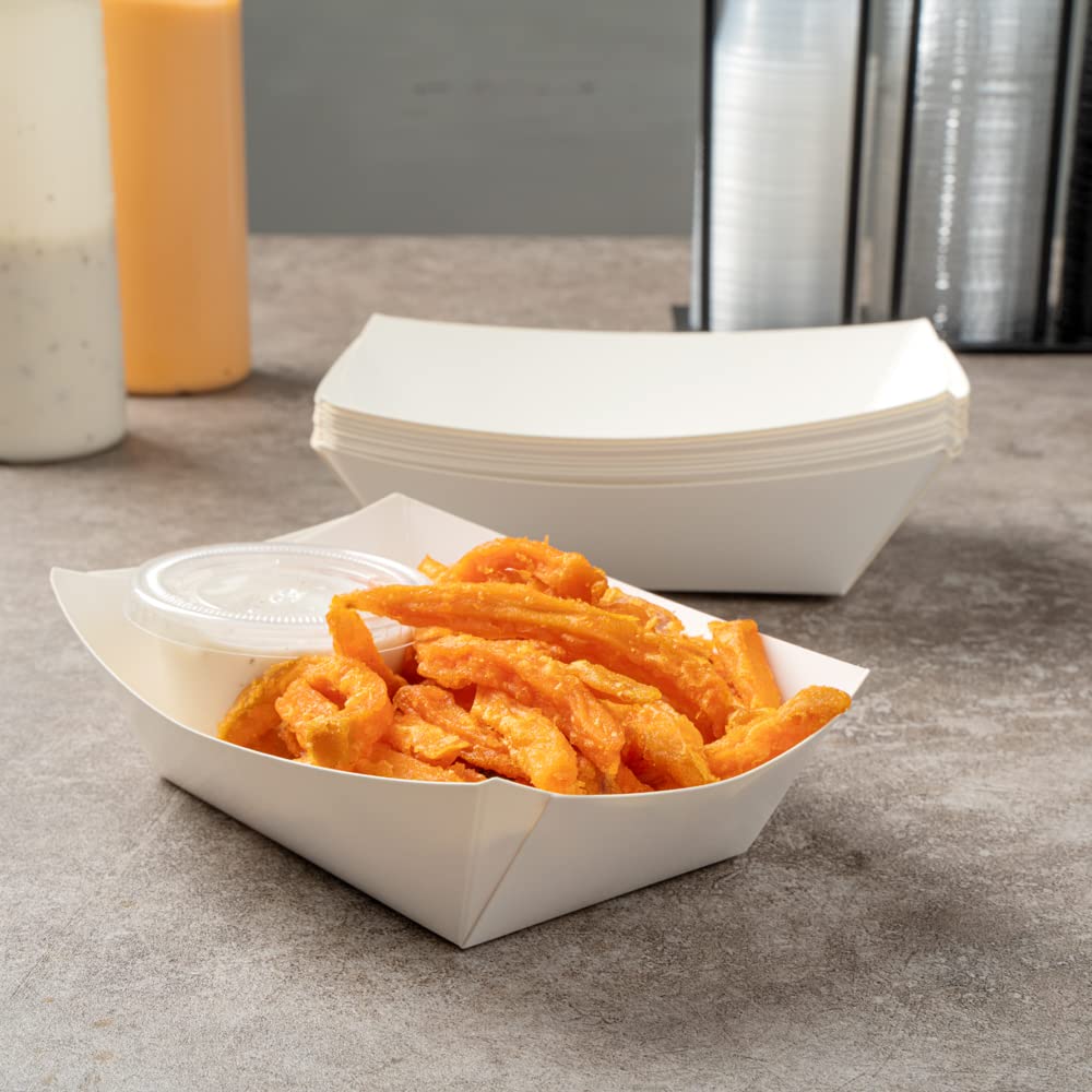 Restaurantware Bio Tek 1/2 Pound Disposable Paper Food Trays - 400 Heavy-Duty Greaseproof White Food Boats for Snacks, Appetizers, Treats | Perfect for Parties, Carnivals, Food Trucks & Catering Events