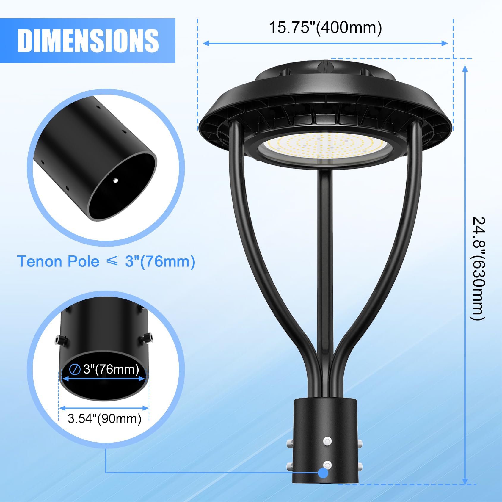 150W LED Post Top Light with Photocell Sensor - Adjustable 150W/120W/90W, 21,000 Lumens, 5000K Daylight - IP65 Waterproof Outdoor Pole Light for Garden, Yard, Pathway & Street Lighting - ETL & DLC Certified (AC100-277V) - Perfect for Residential & Commercial Landscape Illumination