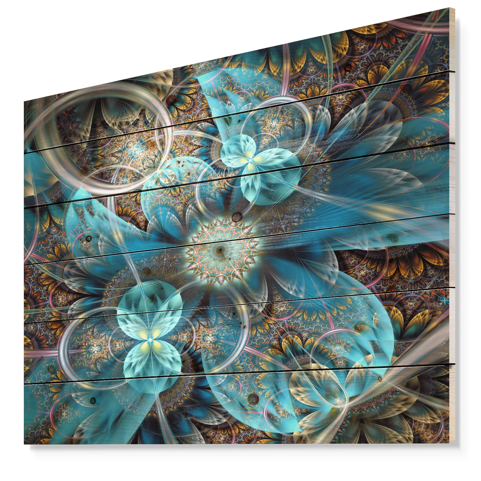 Fractal Blue Flowers Modern Wood Wall Art - Large Floral Wood Panel Decor Printed on Natural Pine - Perfect for Living Room, Bedroom & Office Wall Decoration