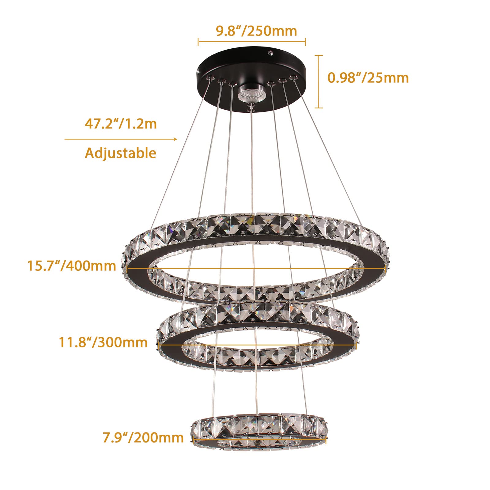 Dimmable Black Modern LED Crystal Chandelier - 3-Tier Ring Pendant Light with Adjustable Height for Dining Room, Bedroom & Living Room | Elegant Ceiling Lighting Fixture for Home Decor & Special Occasions