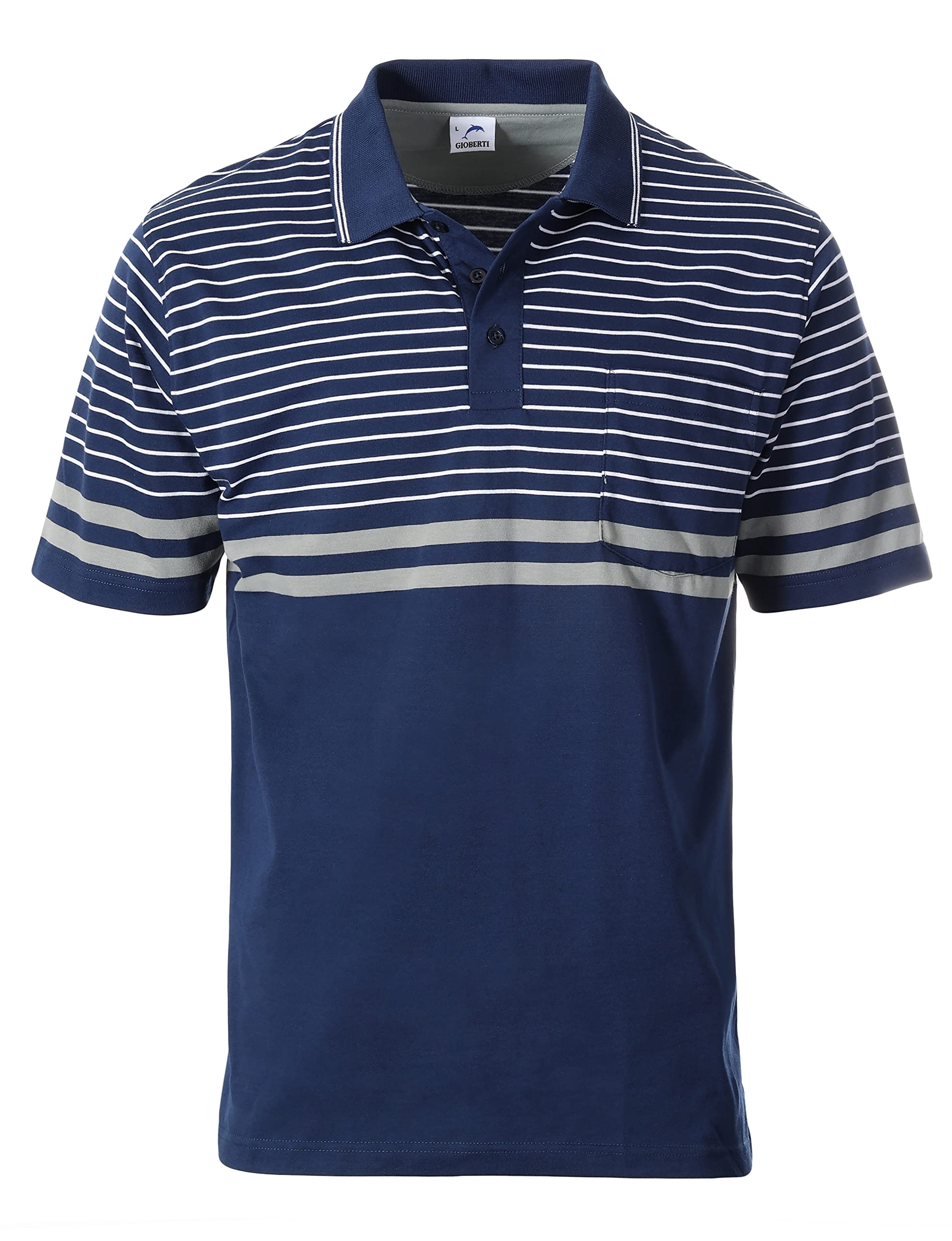 Gioberti Men's Double Striped Contrast Polo Shirt with Pocket - Yarn Dyed Cotton Casual Shirt for Golf, Office & Summer Outings