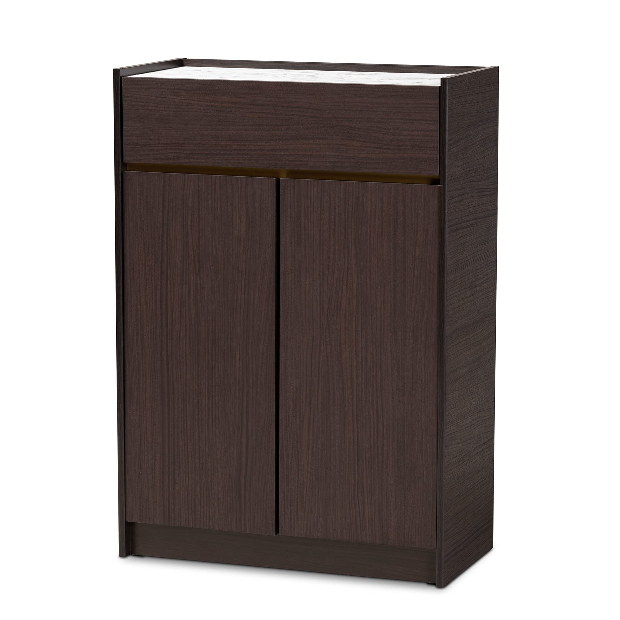 Baxton Studio Walker Modern Shoe Cabinet - Dark Brown & Gold Wood with Faux Marble Top | Entryway Storage Organizer for Hallway, Bedroom & Closet