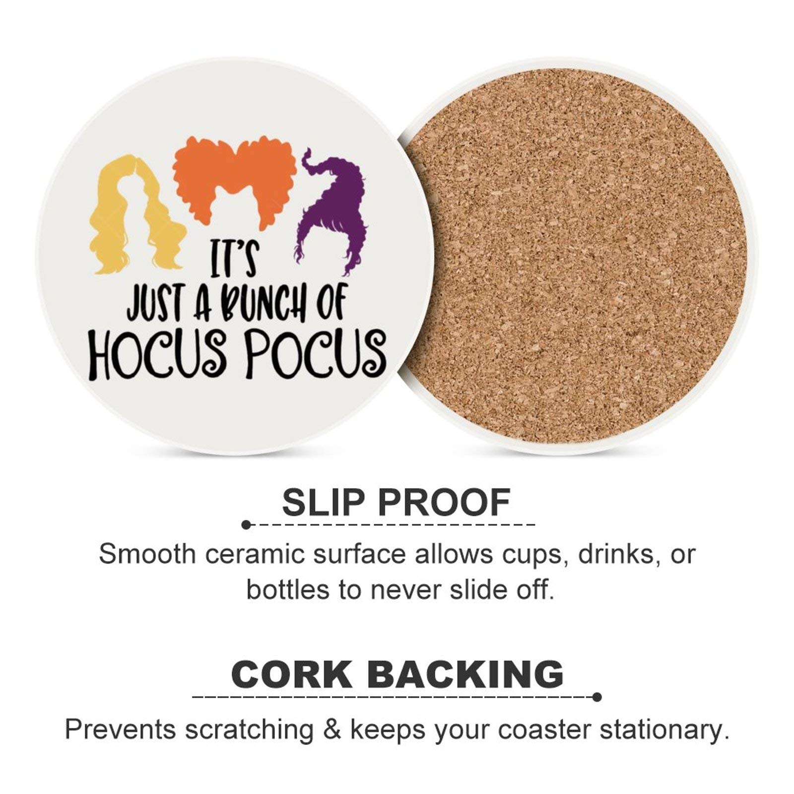 Hocus Pocus Halloween Coasters Set of 4 - Round Ceramic Drink Coasters with Cork Base for Cups & Mugs - Witchy Home Bar Decor, Kitchen Table Protectors - Perfect for Halloween Party, Themed Dinner & Spooky Decorations
