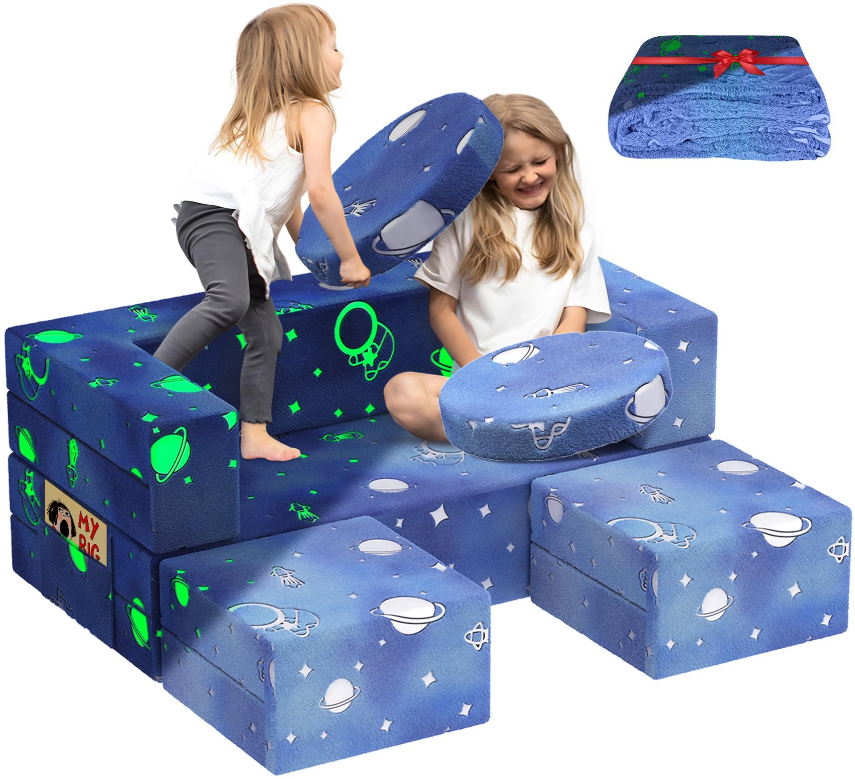 BIERUM 6PCS Modular Kids Play Couch with Glow Effects & Blanket - Convertible Toddler Sofa for Boys & Girls - Perfect for Playroom, Nursery & Indoor Playtime