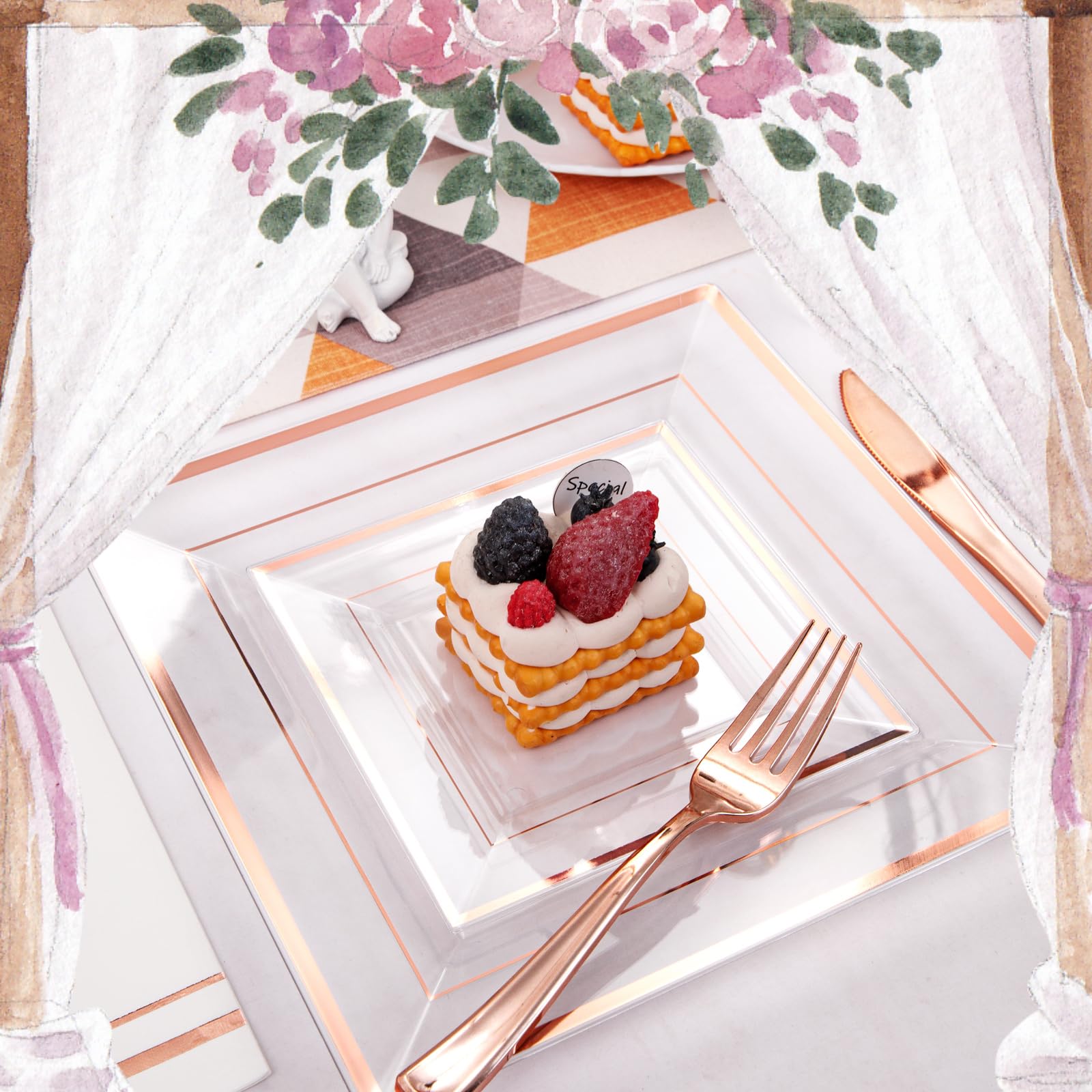 350-Piece Rose Gold Plastic Dinnerware Set - Disposable Plates, Cups, Cutlery & Napkins for 50 Guests | Elegant Party, Wedding & Event Tableware | Perfect for Bridal Showers, Birthday Parties & Catering Events