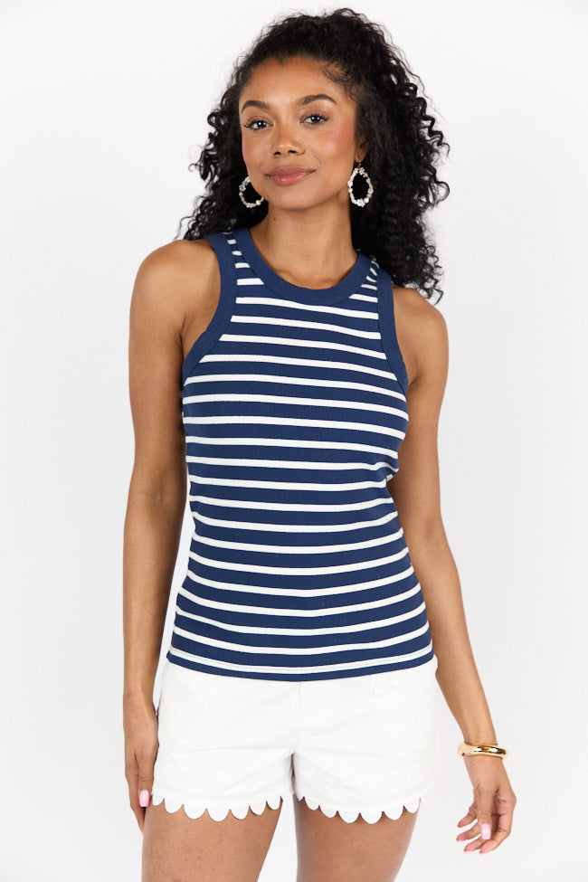 Navy Blue Ribbed Knit Stripe Tank Top for Women - Soft Breathable Summer Casual Wear - Perfect for Beach, Vacation & Everyday Outfits