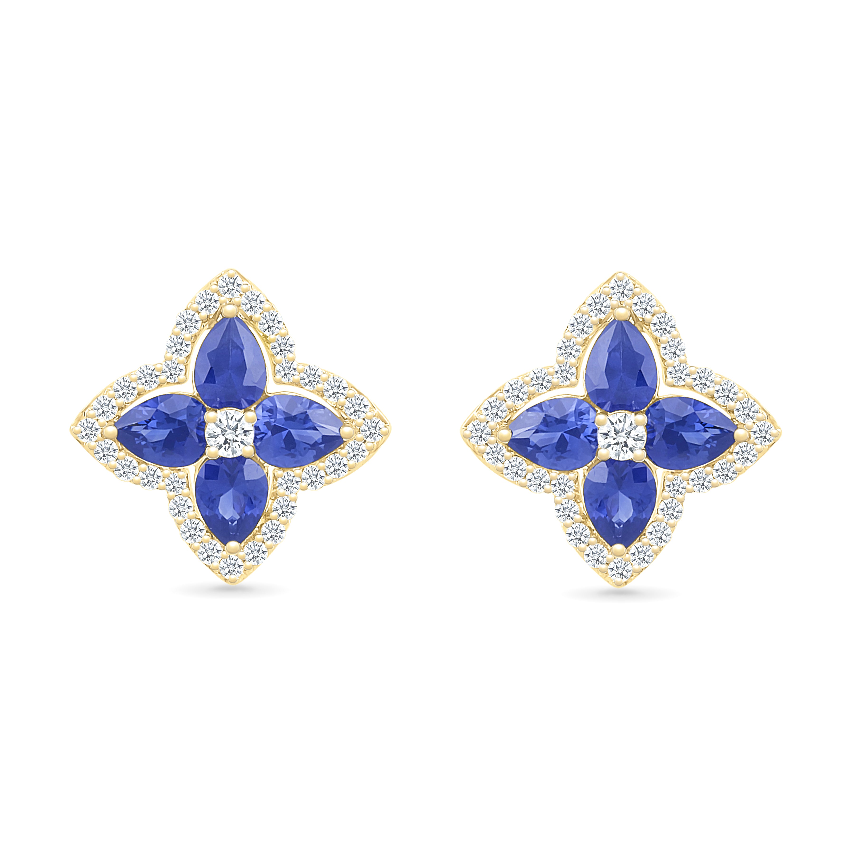 10k Yellow Gold Blue Sapphire Clover Stud Earrings with White Sapphire Halo - Elegant Irish Jewelry for Women, Perfect for St. Patrick's Day Gifts, Anniversary & Birthday Presents