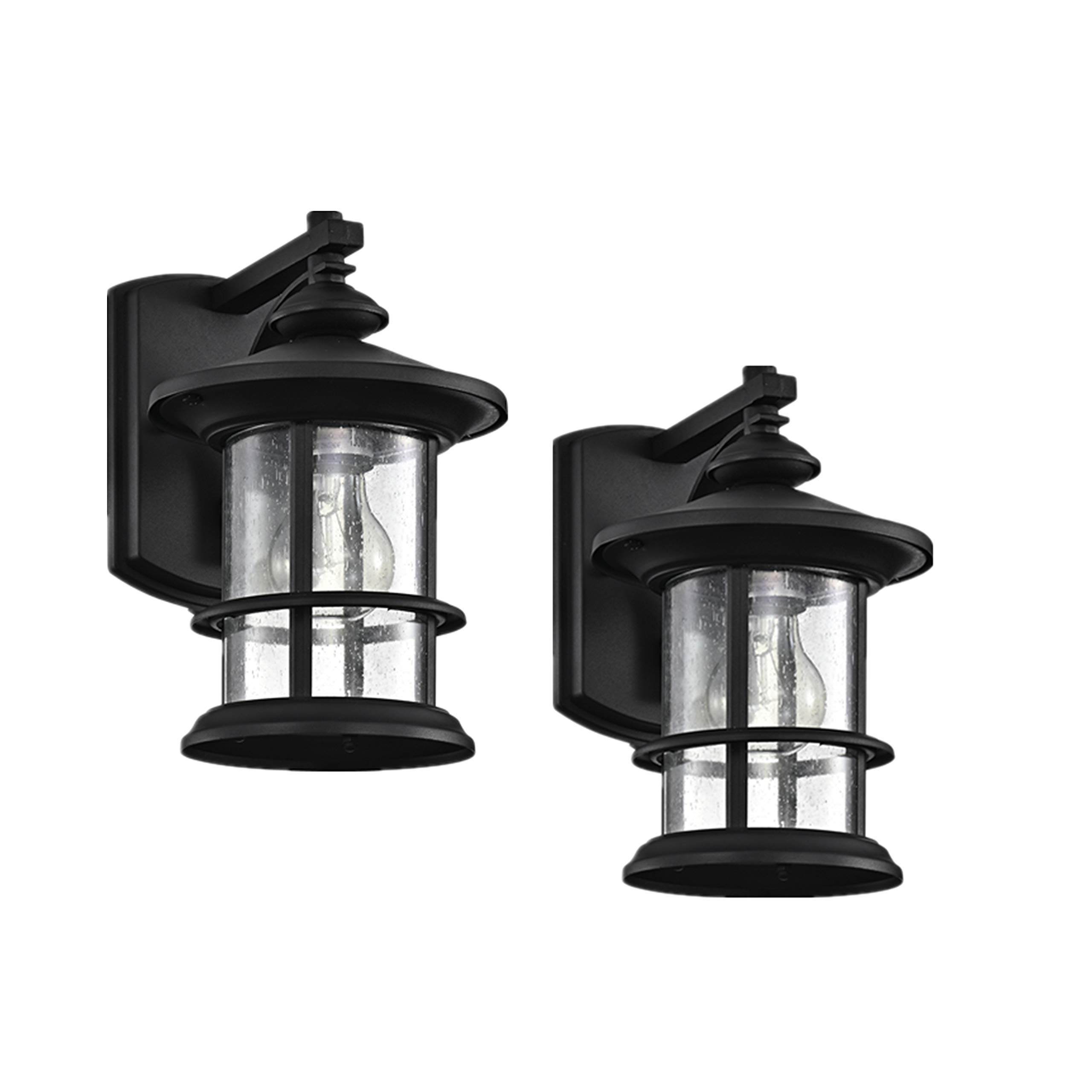 MICSIU Textured Black Outdoor Wall Sconce 2 Pack - Waterproof Exterior Wall Lighting Fixtures with Clear Seedy Glass, 10