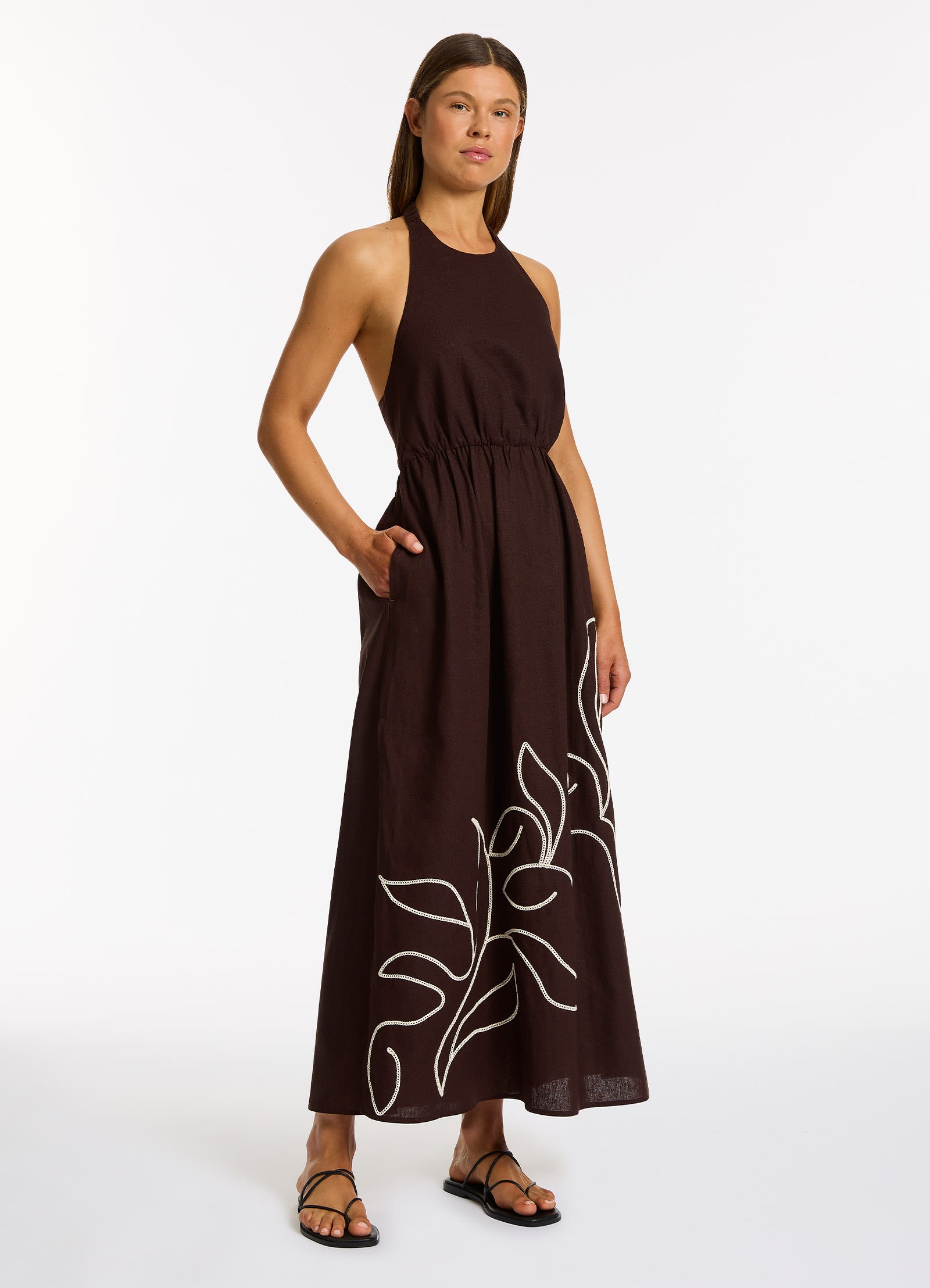 Dahlia Palm Embroidered Maxi Dress in Chocolate - Elegant Floral Summer Beach Dress for Women, Perfect for Vacation, Wedding Guest & Boho Chic Outfits