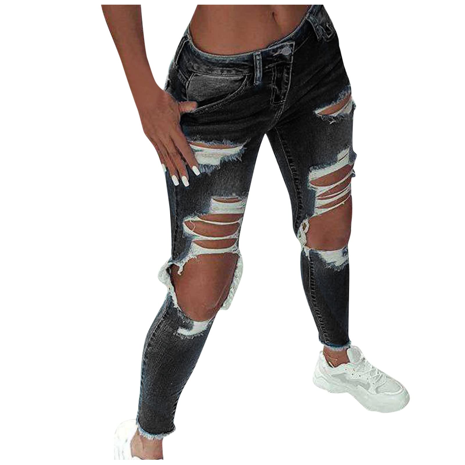 SRTUMEY Women's Stretch Skinny Ripped Boyfriend Jeans - Distressed Denim Pants with Holes for Casual Wear & Street Style Outfits