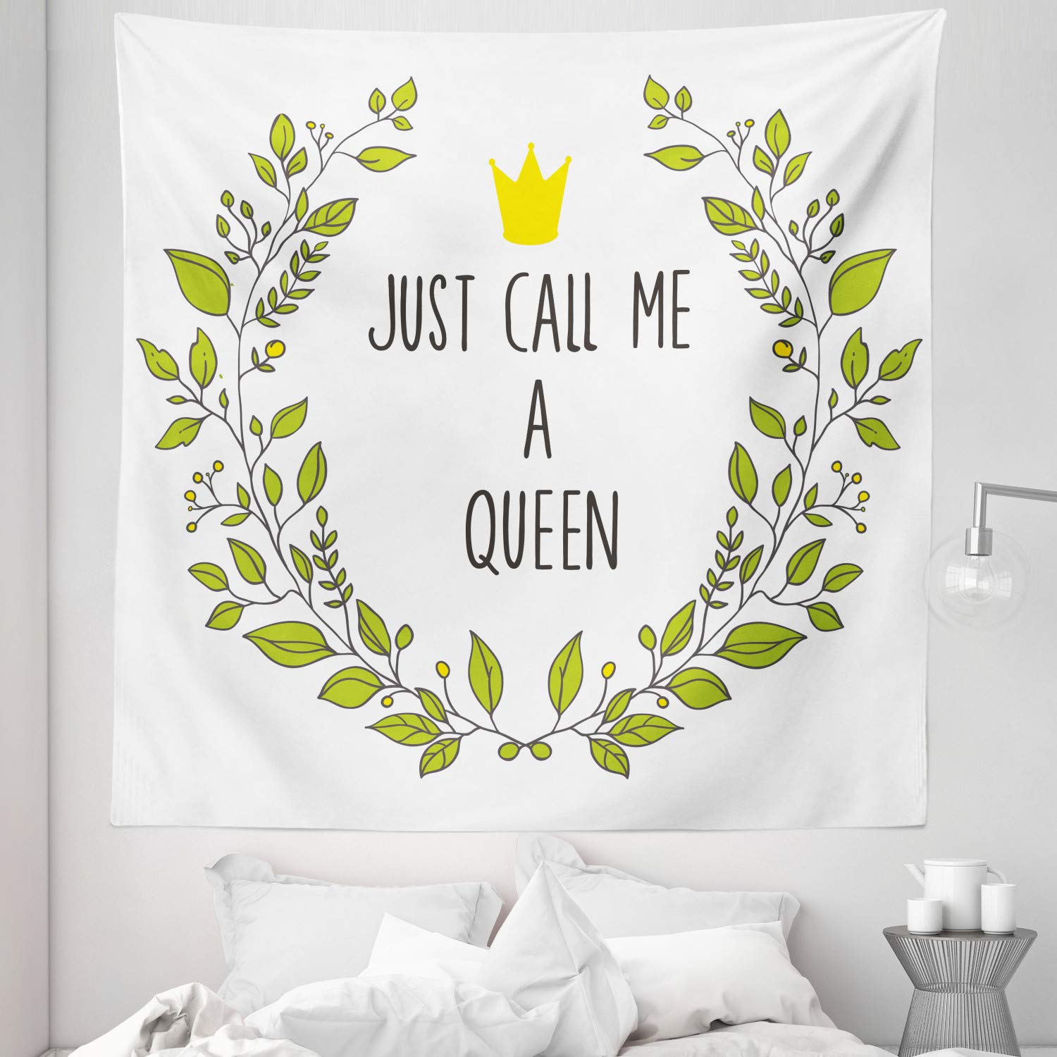 Ambesonne Queen Size Tapestry - Wreath Branches with 'Just Call Me Queen' Lettering & Little Crown Design, 88