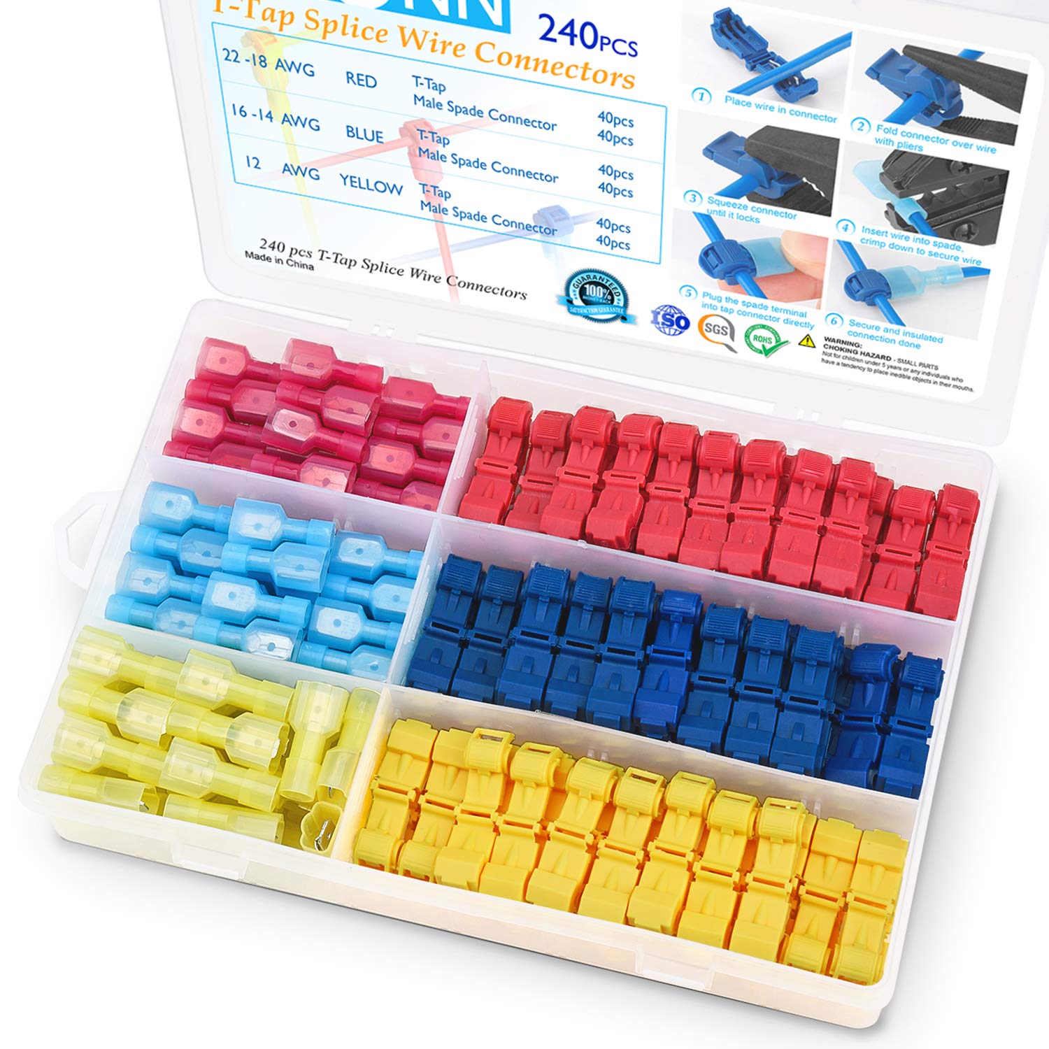 TICONN 240PCS T-Tap Wire Connectors Kit with Crimping Tool - Heat Shrink Electrical Connectors for Automotive, Marine & DIY Wiring Projects