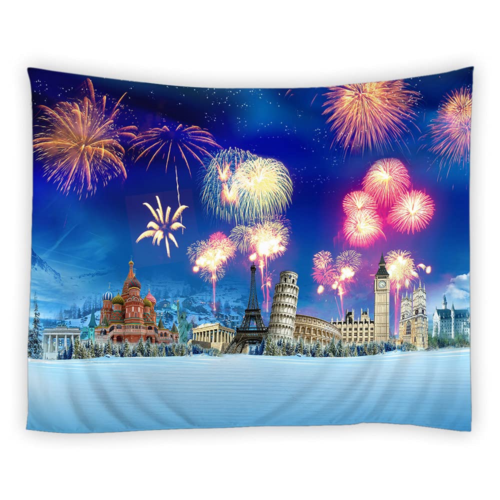 QWRSMYX Castle Tapestry - Fireworks City Landmark with Eiffel Tower Design, Wall Hanging Fabric Decor for Living Room, Bedroom, Dorm - Perfect for Themed Parties, Nursery Decor & Cozy Home Ambiance
