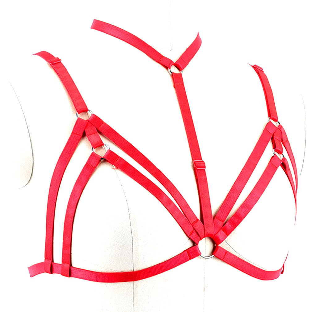 Strappy Harness Caged Bralette - Women's Sexy Punk Gothic Lingerie Top for Rave & Festival (Red) | Perfect for Nightclubs, Concerts, and Edgy Fashion Outfits