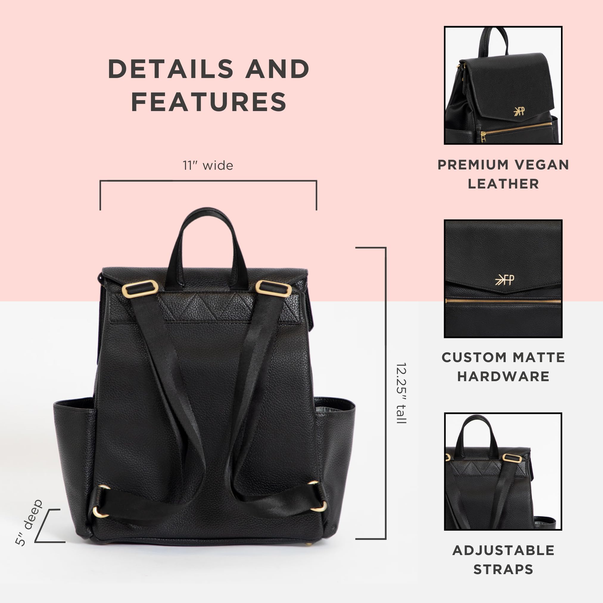 Mini Classic Diaper Bag Backpack - Wipeable Vegan Leather Black with 8 Pockets (Ebony) | Perfect for Baby Essentials, Travel & On-the-Go Parents
