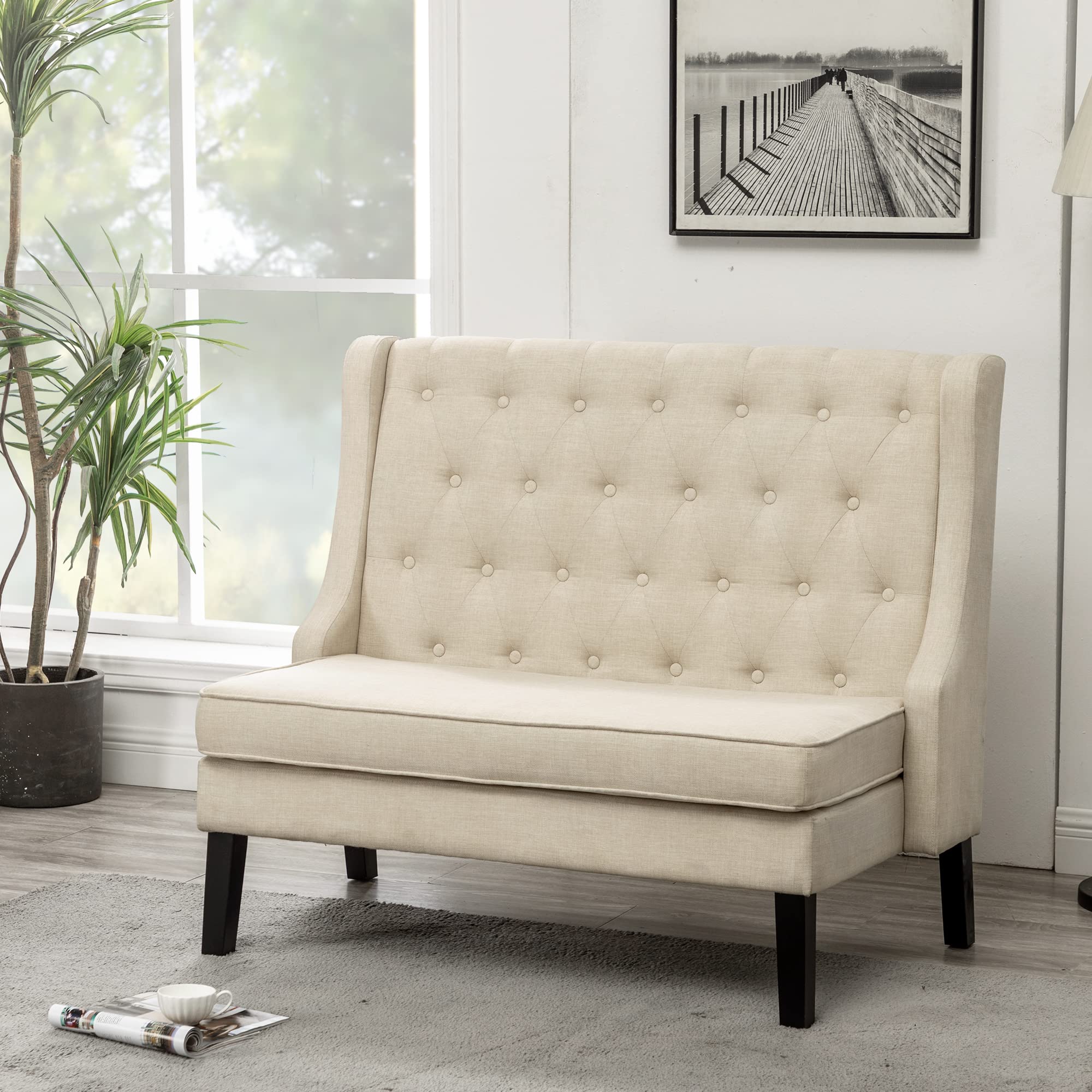 Andeworld Modern Tufted Button High Back Upholstered Loveseat - Beige Sofa for Living Room, Dining Room, Hallway or Entryway | Perfect for Small Spaces, Apartments and Cozy Home Decor