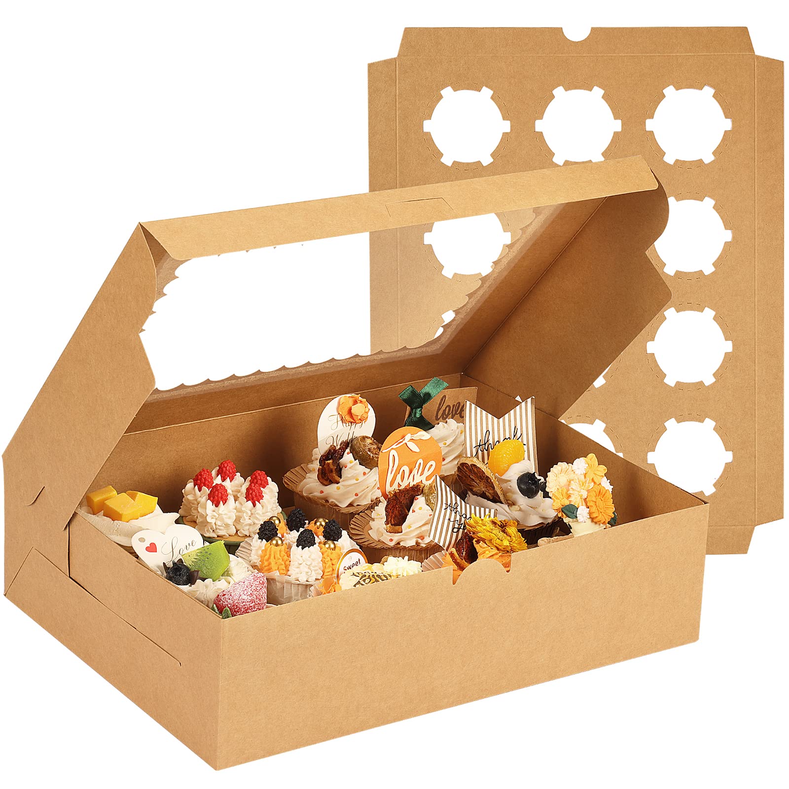 Moretoes 10-Pack Kraft Cupcake Boxes with Windows & Inserts - 12 Count Brown Bakery Containers for Cupcakes, Muffins, Pastries | Perfect for Birthday Parties, Wedding Desserts & Bakery Display