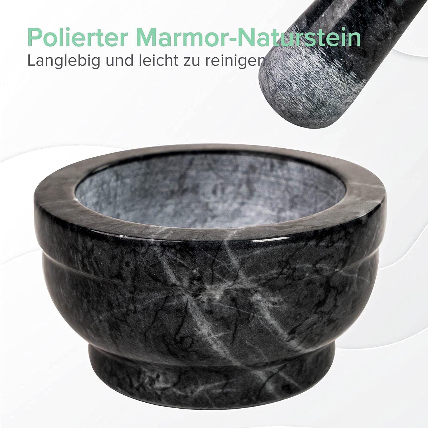 Premium 15CM Black Marble Mortar and Pestle Set - Solid Natural Stone Spice & Herb Grinder for Cooking - Smooth Polished Surface for Comfortable Grip - Perfect for Crushing Spices, Herbs, Garlic & Making Guacamole, Pesto & Cocktail Muddling