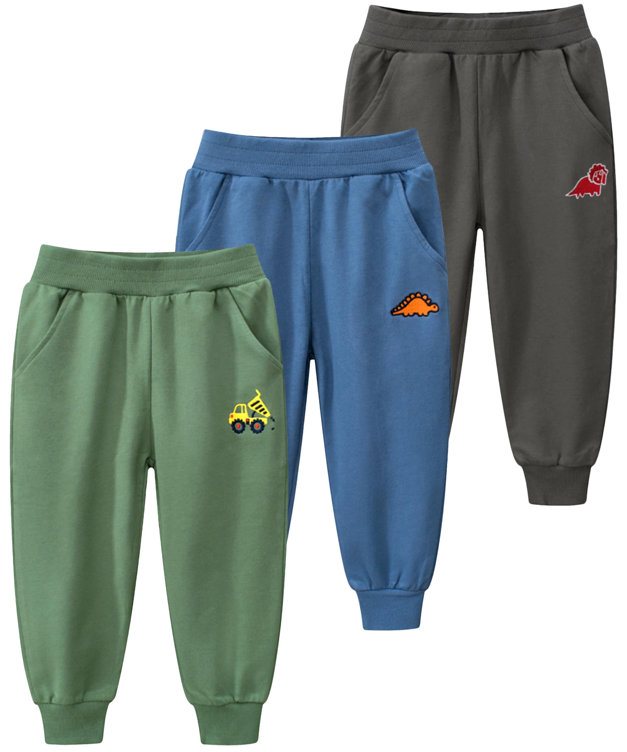 GFQLONG Toddler Boys 3 Pack Cotton Active Jogger Pants - Kids Cartoon Sweatpants for Playtime & Lounging | Soft Casual Pants for Daycare, Playdates & Home Comfort