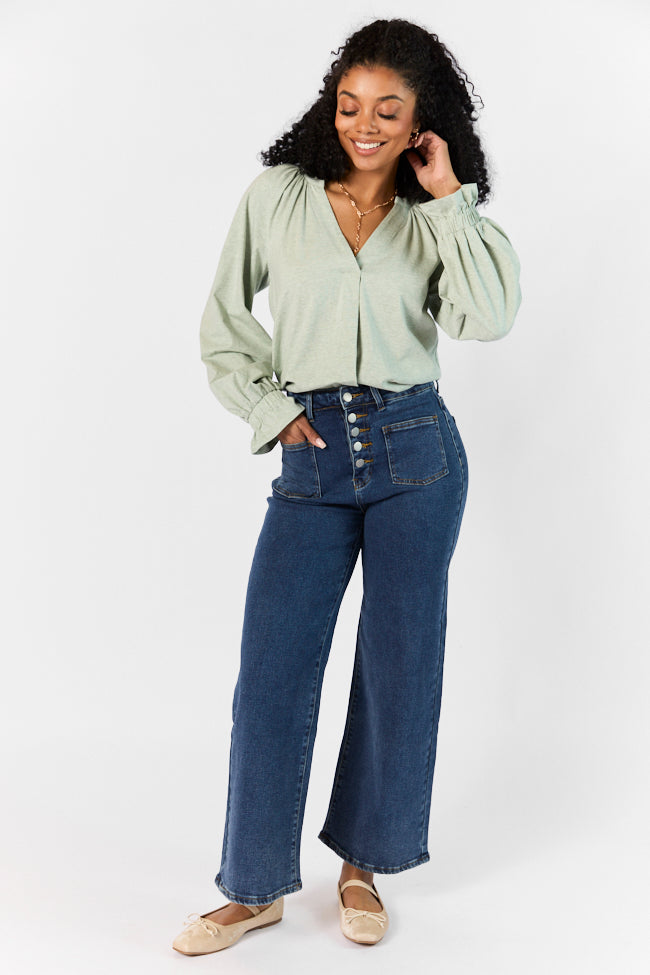 Simply You Sage Knit Notched Neck Long Sleeve Blouse for Women - Comfortable Office & Casual Wear - Elegant Green Knit Top for Work, Date Night & Everyday Outfits