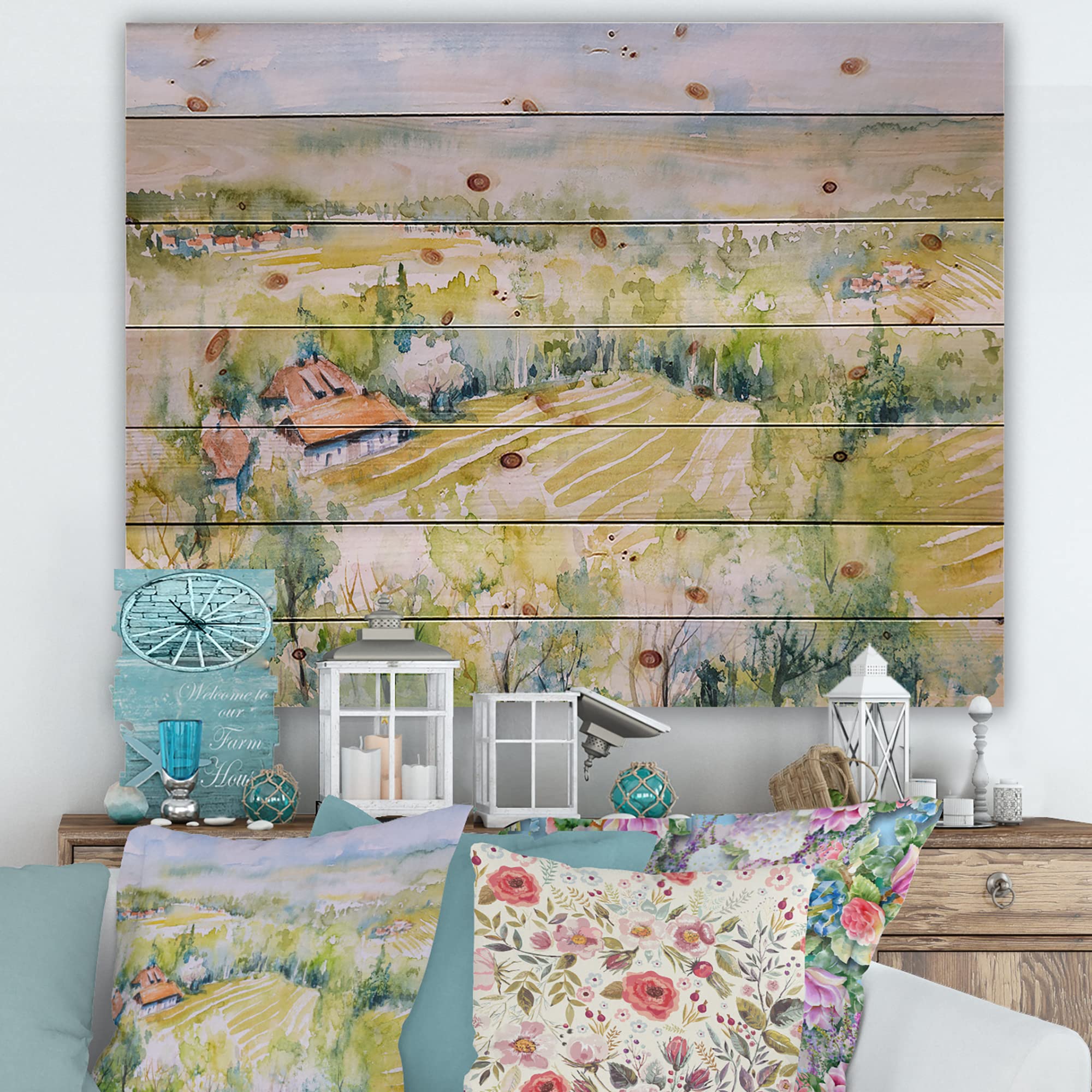 Blossoming Green Fields Countryside Wood Wall Decor - Yellow Wood Wall Art, Large Landscape Pine Wood Panels - Perfect for Living Room, Bedroom & Farmhouse Decor