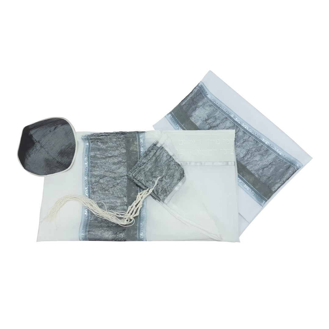 Elegant Gray Organza Panel Silk Tallit for Women & Girls - Handcrafted in Israel - Perfect for Synagogue, Bat Mitzvah & Jewish Ceremonies