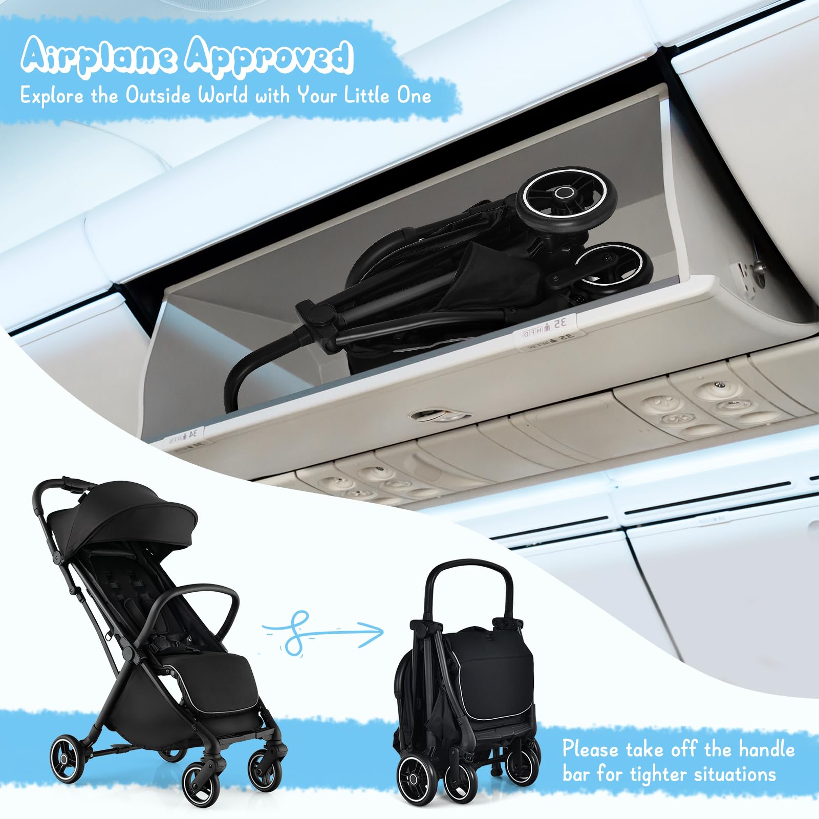 **HONEY JOY Lightweight Baby Stroller - Compact Travel Stroller for Airplane, Fits Cabin & Overhead Bins | One-Hand Gravity Fold, Self-Standing Toddler Stroller with Adjustable Backrest & Canopy (Black) | Perfect for Air Travel, Shopping, and Daily Walks**