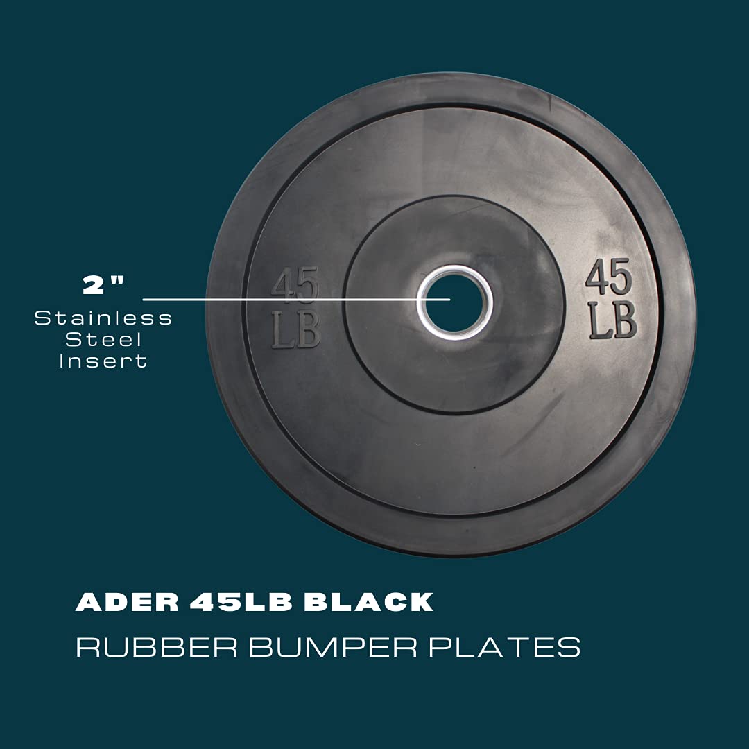 Ader 45lb Black Rubber Bumper Plates - Pair of Olympic Weight Plates for CrossFit, Powerlifting & Home Gym Workouts