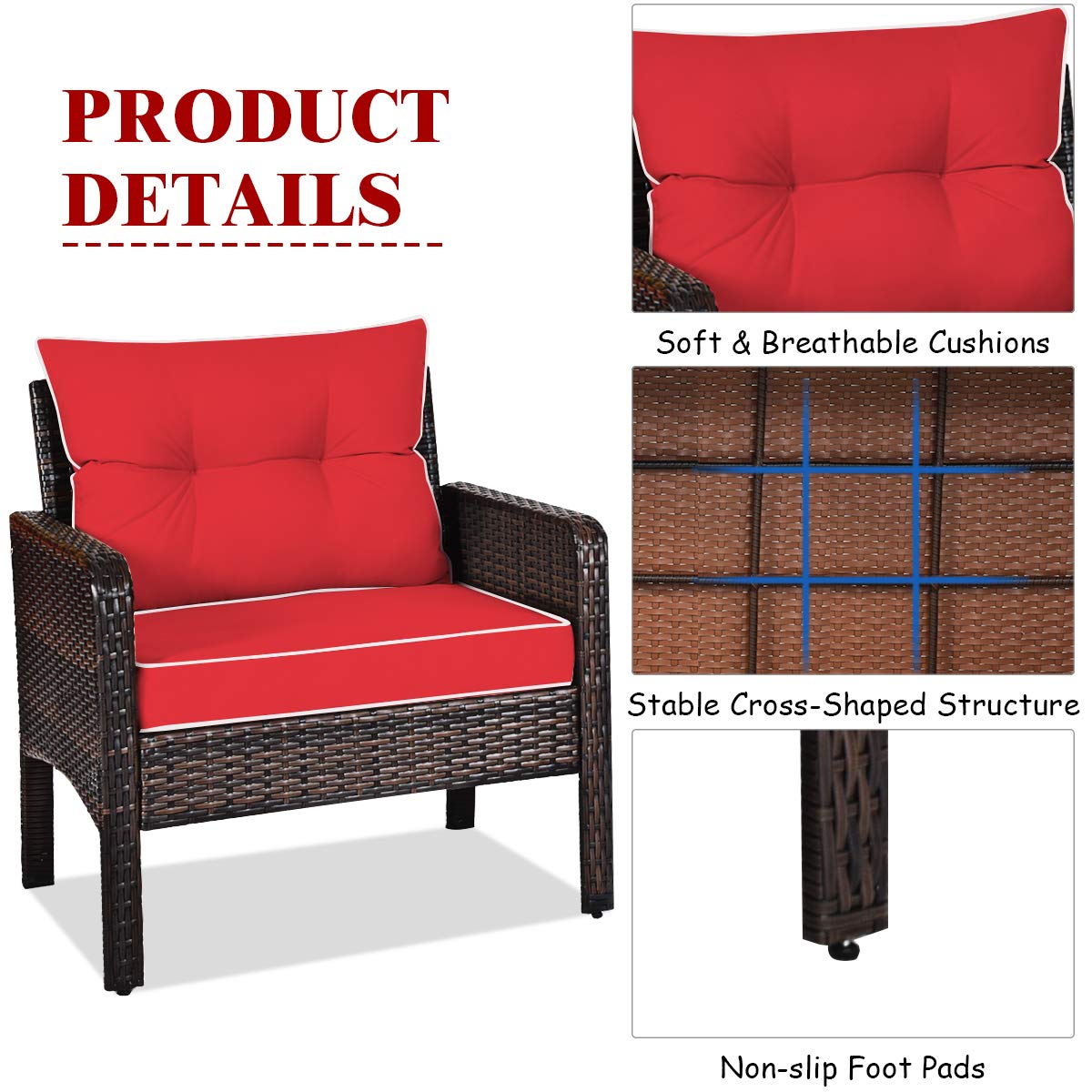 Tangkula 3-Piece Outdoor Patio Furniture Set - All-Weather Wicker Chairs with Glass Coffee Table & Thick Cushions - Red 2-Seater Garden, Poolside, Backyard, Porch Furniture for Relaxing & Entertaining