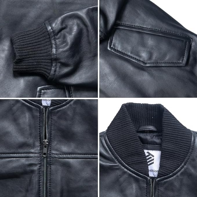Men's Black Leather Varsity Bomber Jacket - Classic Biker Style Motorcycle Jacket for Casual Wear & Night Out | Perfect for Fall & Winter Fashion