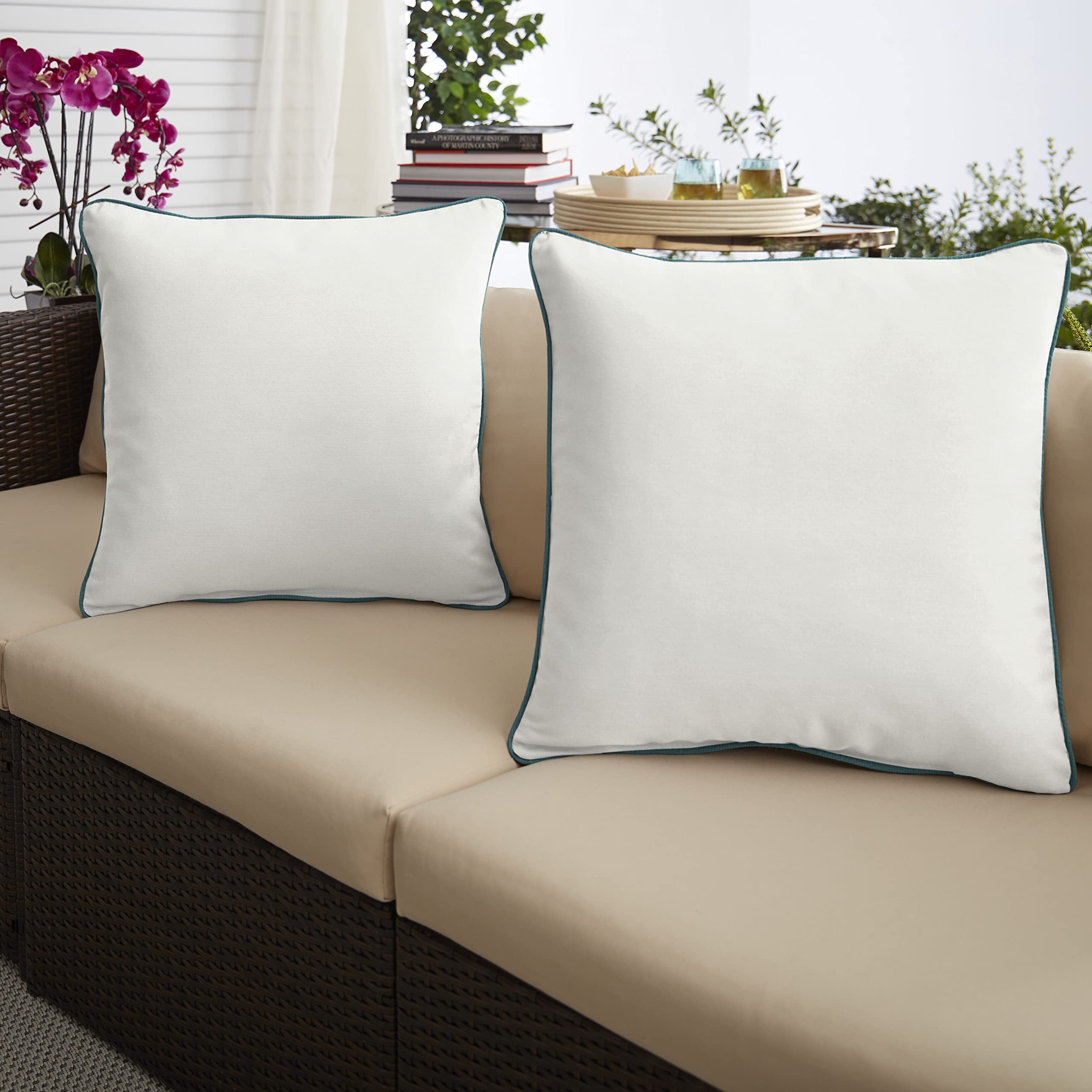 Mozaic Company Sunbrella Indoor/Outdoor Corded Pillows - Set of 2, Canvas Natural & Spectrum Peacock - Waterproof & UV Resistant Cushions for Patio, Poolside, Garden, and Living Room Decor
