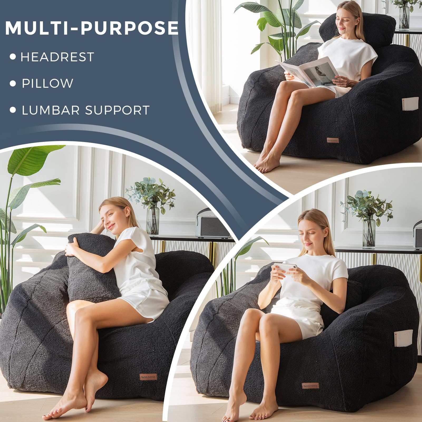 MAXYOYO Giant Bean Bag Chair with Pillow - Oversized Boucle Fabric Bean Bag Sofa for Adults & Teens - Large Upholstered Lazy Sofa with Filler - Perfect for Living Room, Bedroom, Gaming & Reading Nook - Black